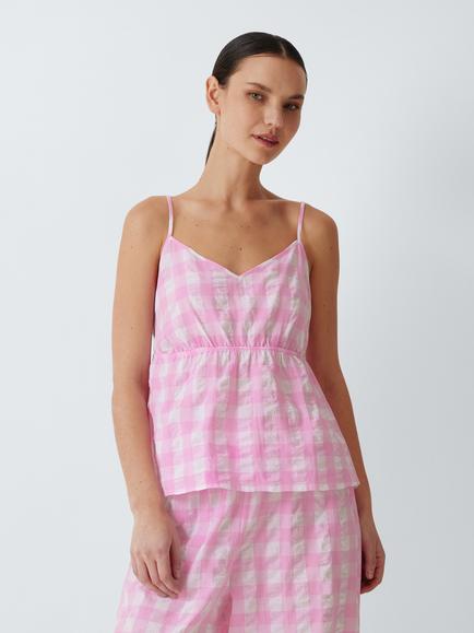 John Lewis Gingham Pure Cotton Camisole Barrel Leg Pyjama Set, Pink Lavender, Pink Lavender