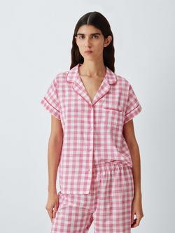 John Lewis Gingham Pure Cotton Button Through Long Pyjama Set, Rose Red, Rose Red