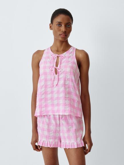 John Lewis Gingham Pure Cotton Sleeveless Short Pyjama Set, Pink Lavender, Pink Lavender