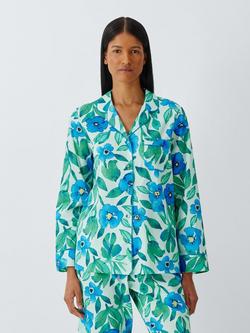 John Lewis Floral Pure Cotton Button Through Long Pyjama Set, Green, Green