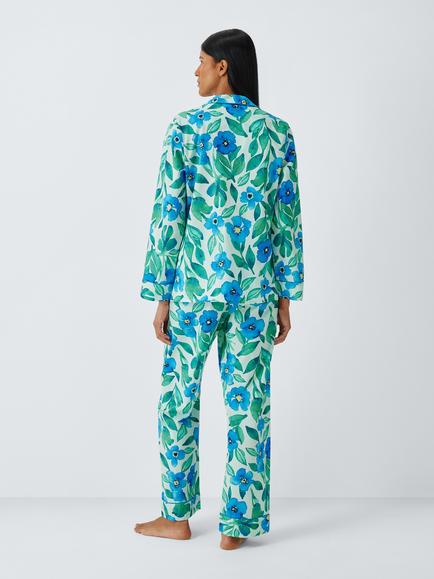 John Lewis Floral Pure Cotton Button Through Long Pyjama Set, Green - view 2, Green