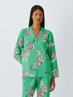 John Lewis Tigers Pure Cotton Button Through Long Pyjama Set, Green, Green