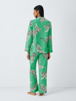John Lewis Tigers Pure Cotton Button Through Long Pyjama Set, Green - view 2, Green