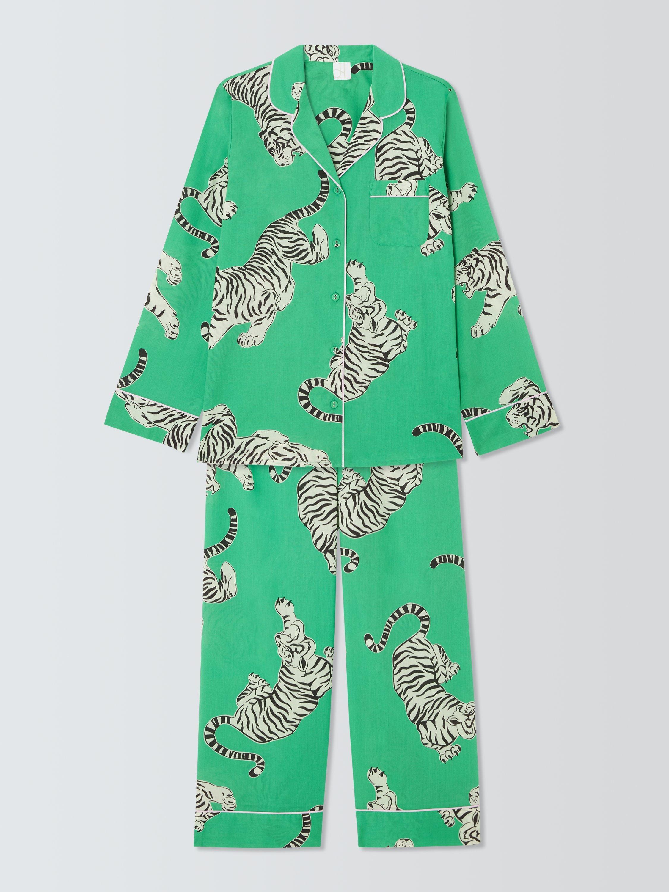 Product image 4 of 6, which shows John Lewis Tigers Button Through Long Pyjama Set, Green, 8