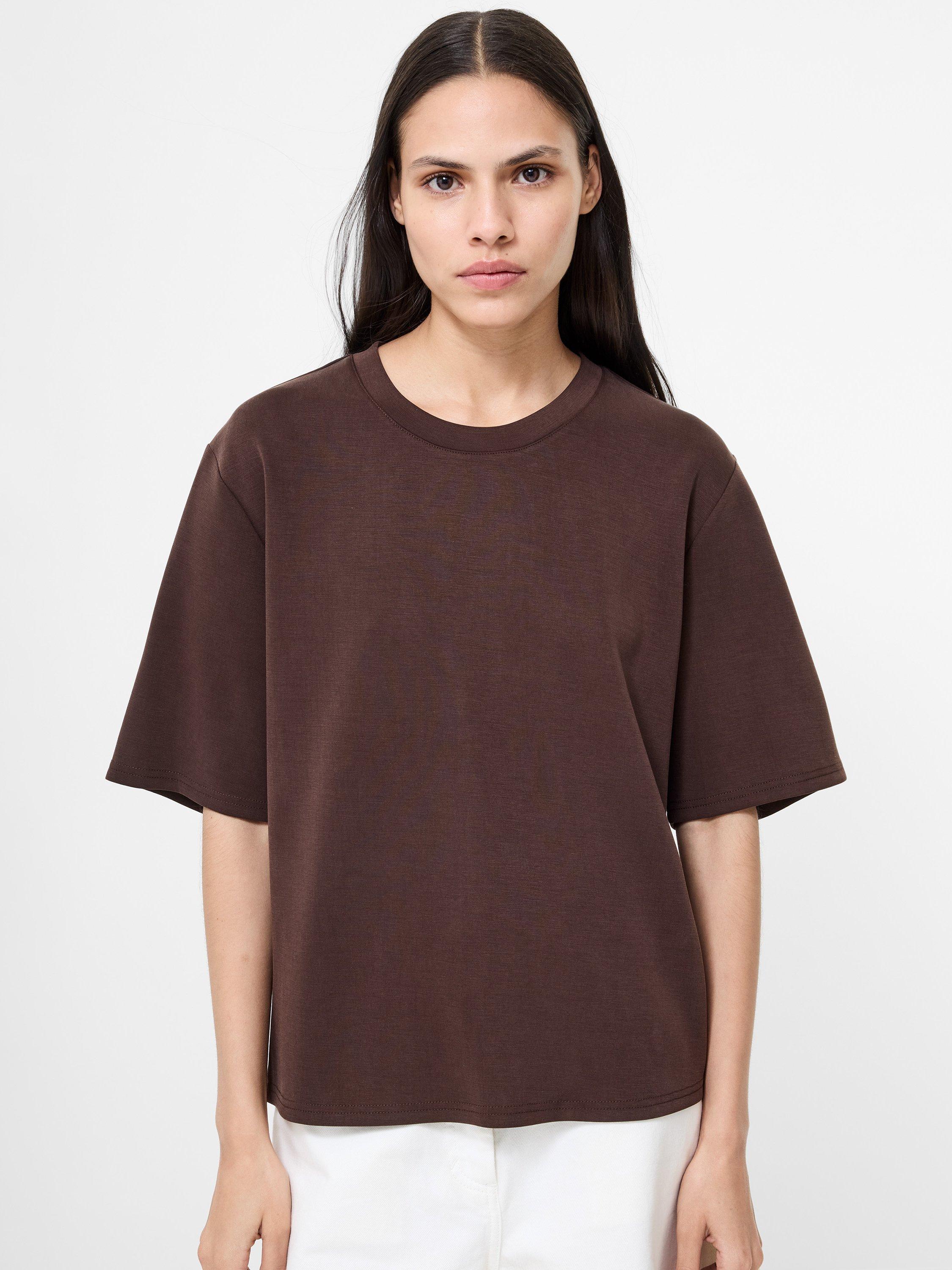 Product image 1 of 11, which shows French Connection Wren Pinched Back T-Shirt, Bitter Chocolate, XS