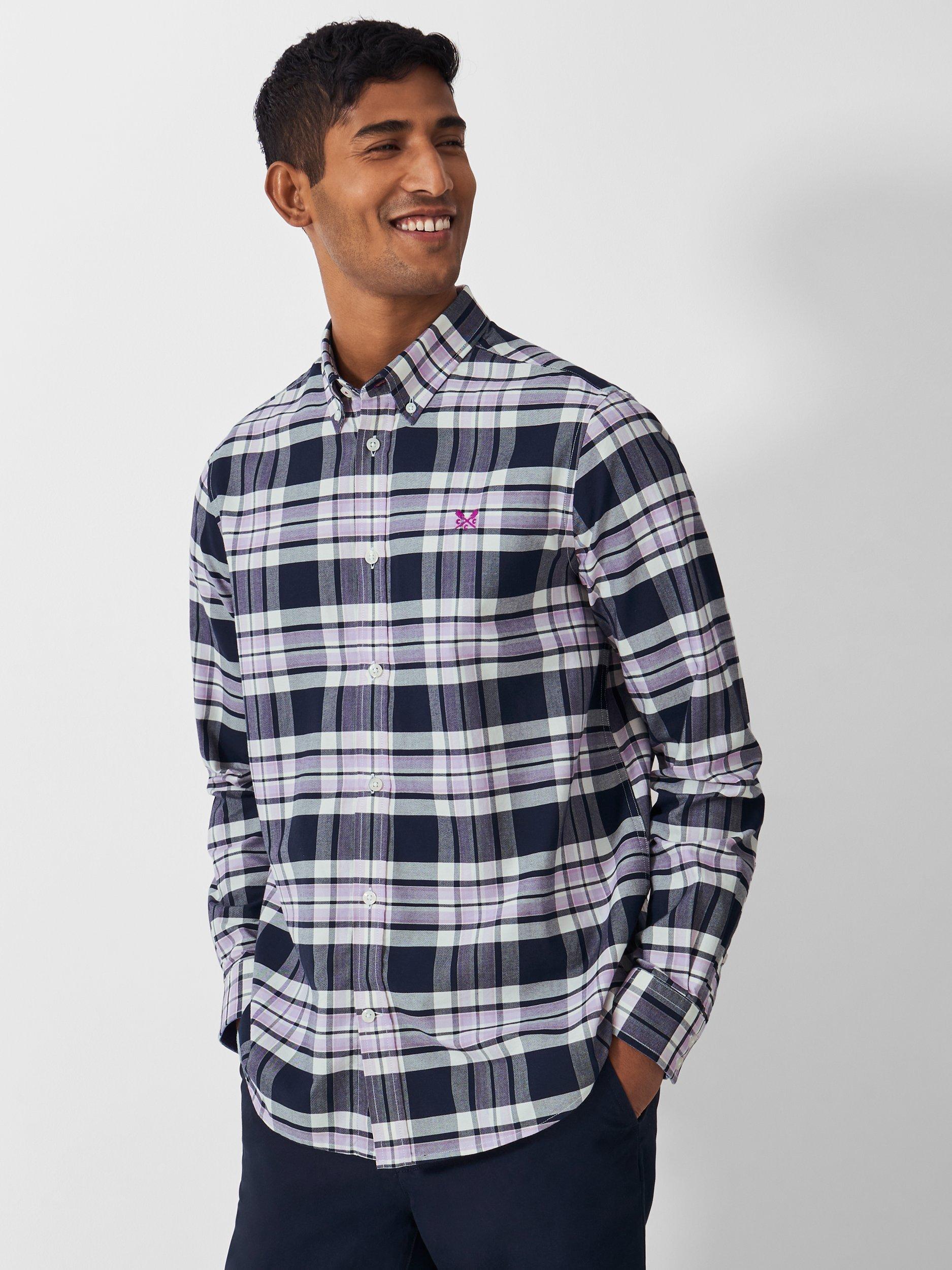 Product image 1 of 5, which shows Crew Clothing Check Cotton Button-Down Collar Shirt, Lilac, L