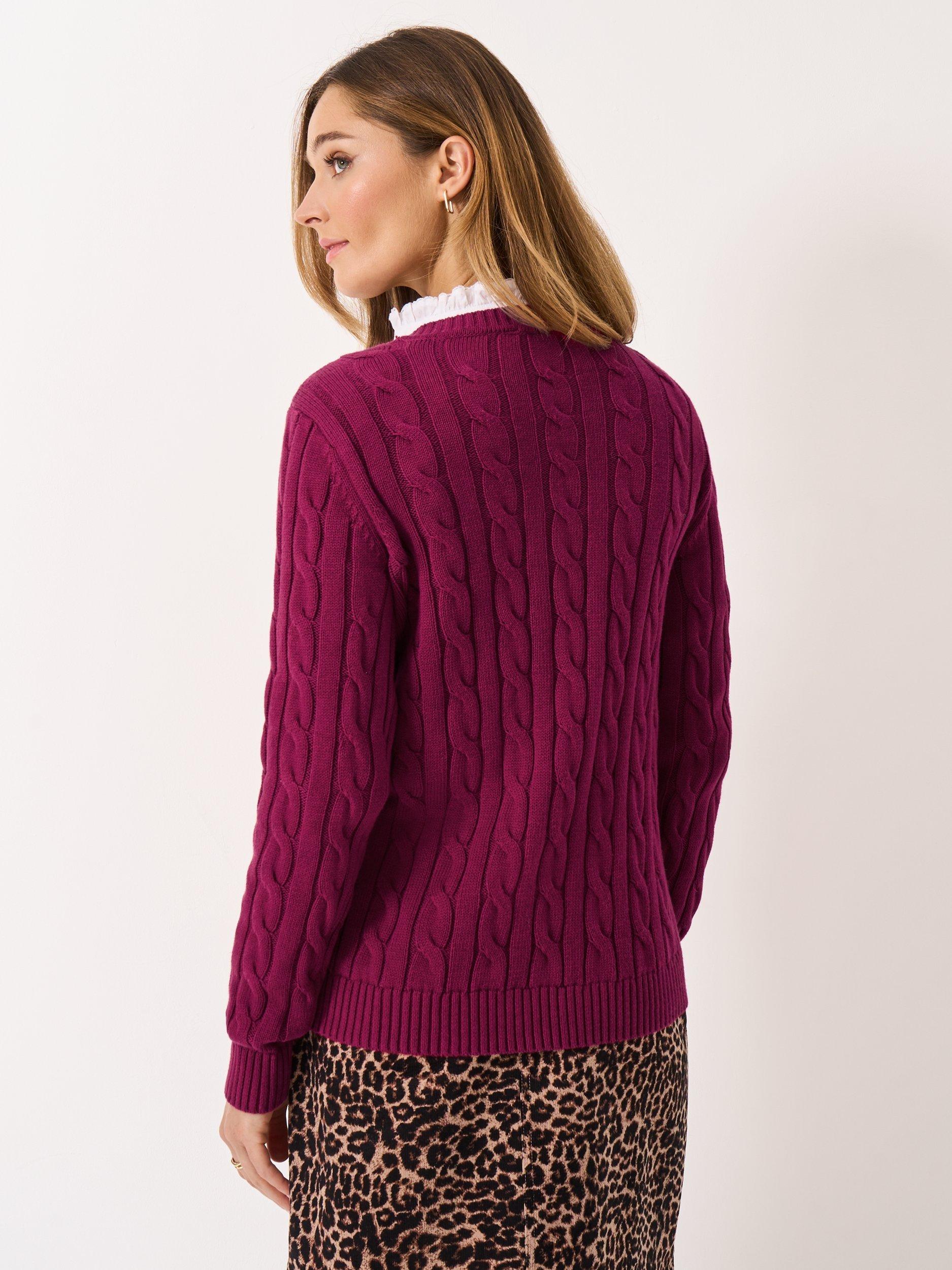 Product image 2 of 5, which shows Crew Clothing Crew Neck Cable Knit Jumper, Berry, 8