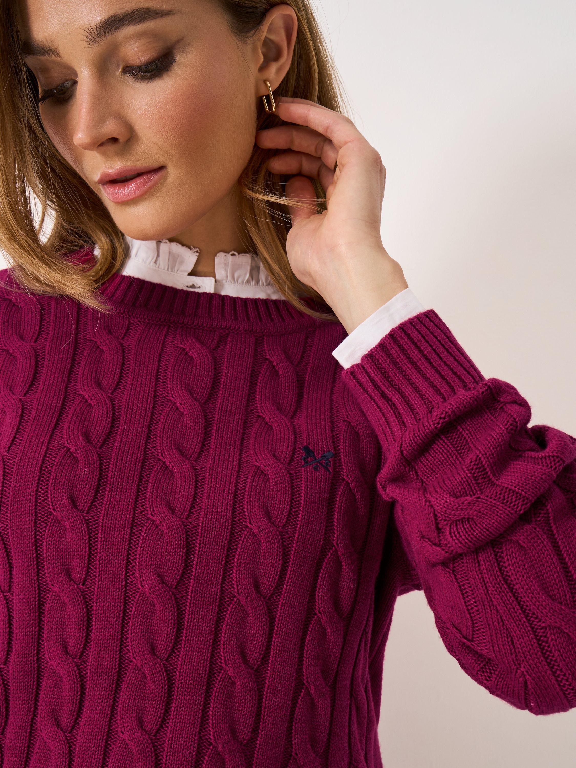 Product image 4 of 5, which shows Crew Clothing Crew Neck Cable Knit Jumper, Berry, 8