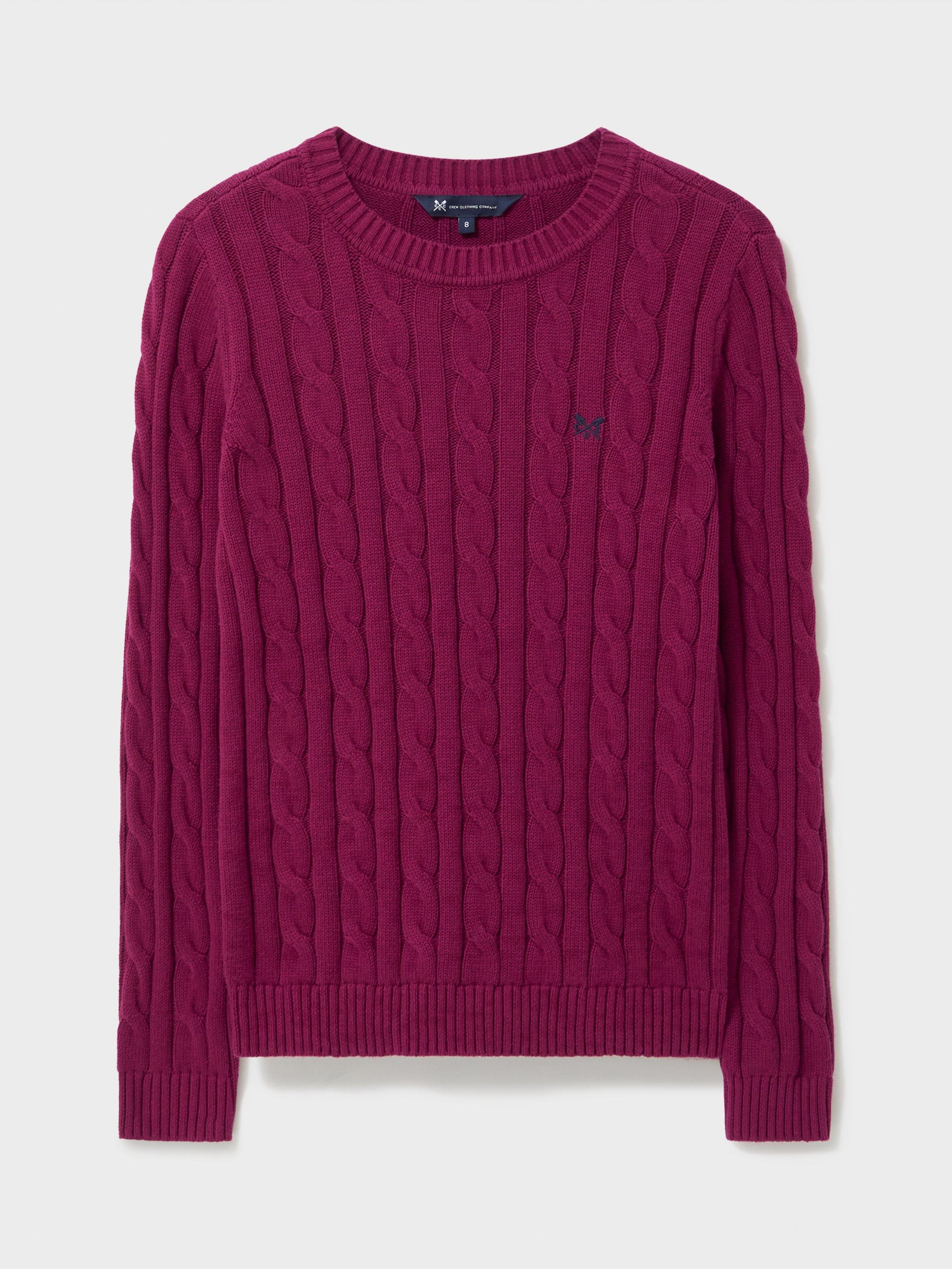 Product image 5 of 5, which shows Crew Clothing Crew Neck Cable Knit Jumper, Berry, 8