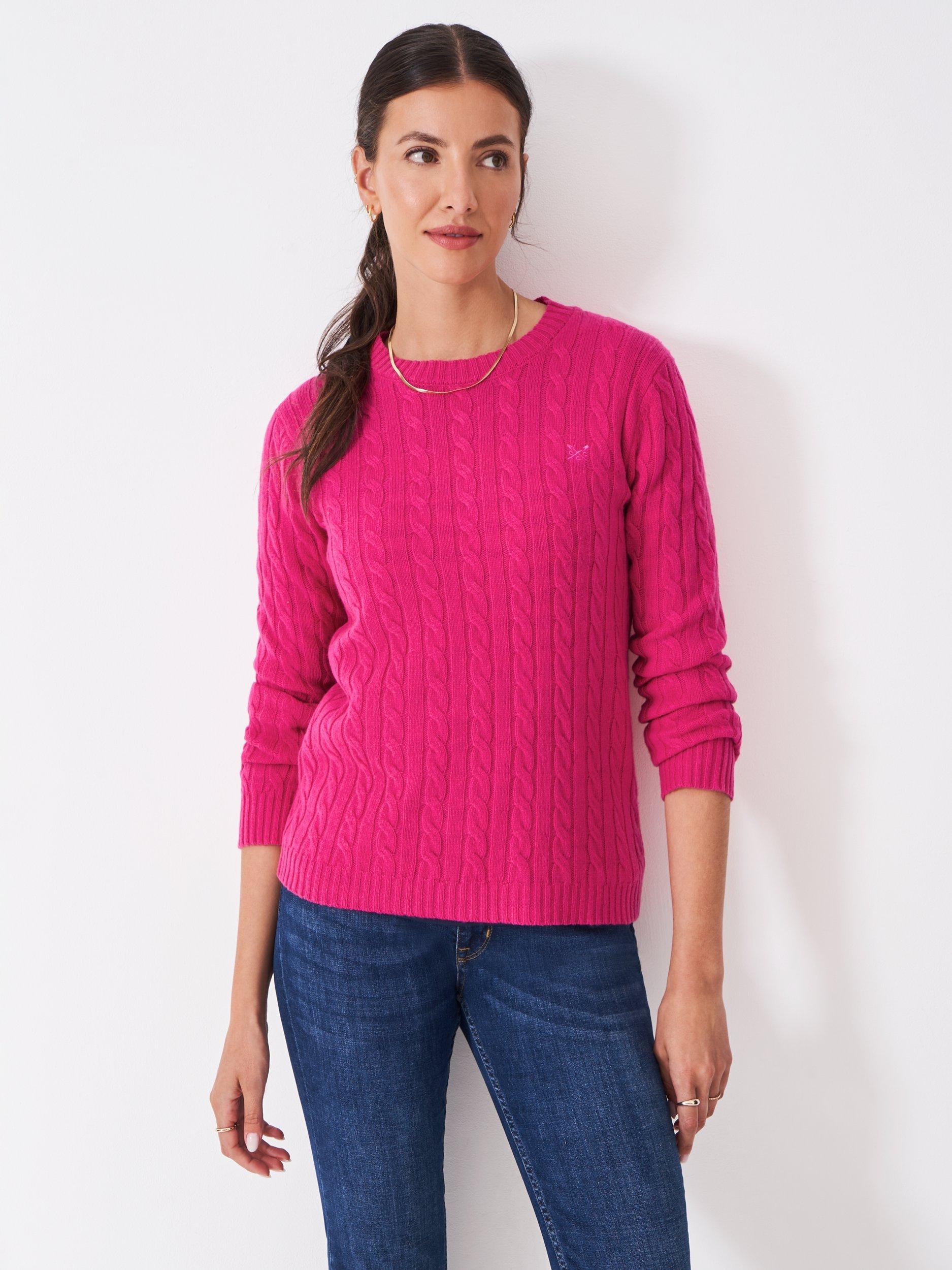 Product image 1 of 5, which shows Crew Clothing Harmony Cable Knit Wool Rich Jumper, Pink, 10