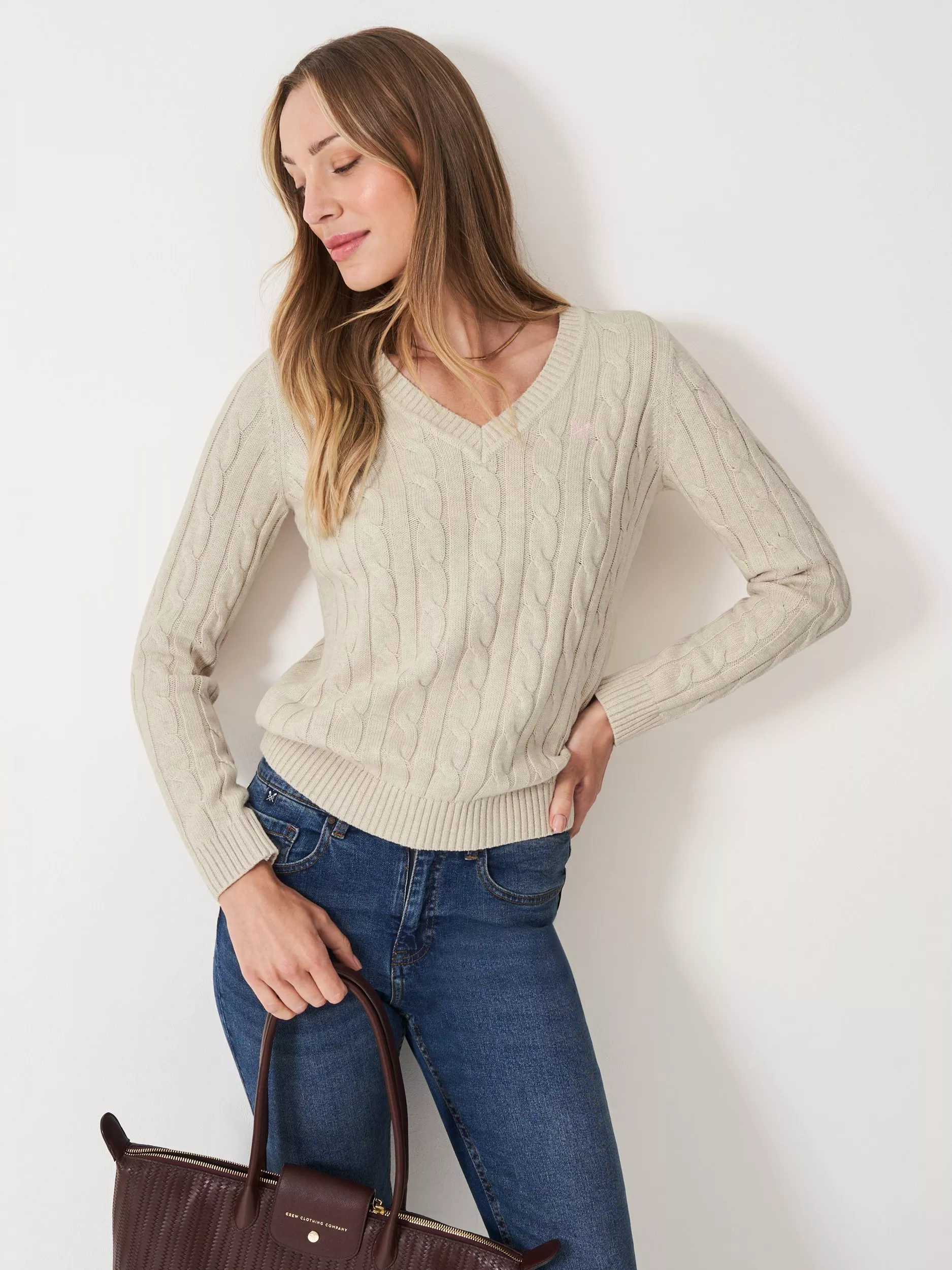 Crew Clothing Heritage V-Neck Cable Knit Jumper, Oatmeal