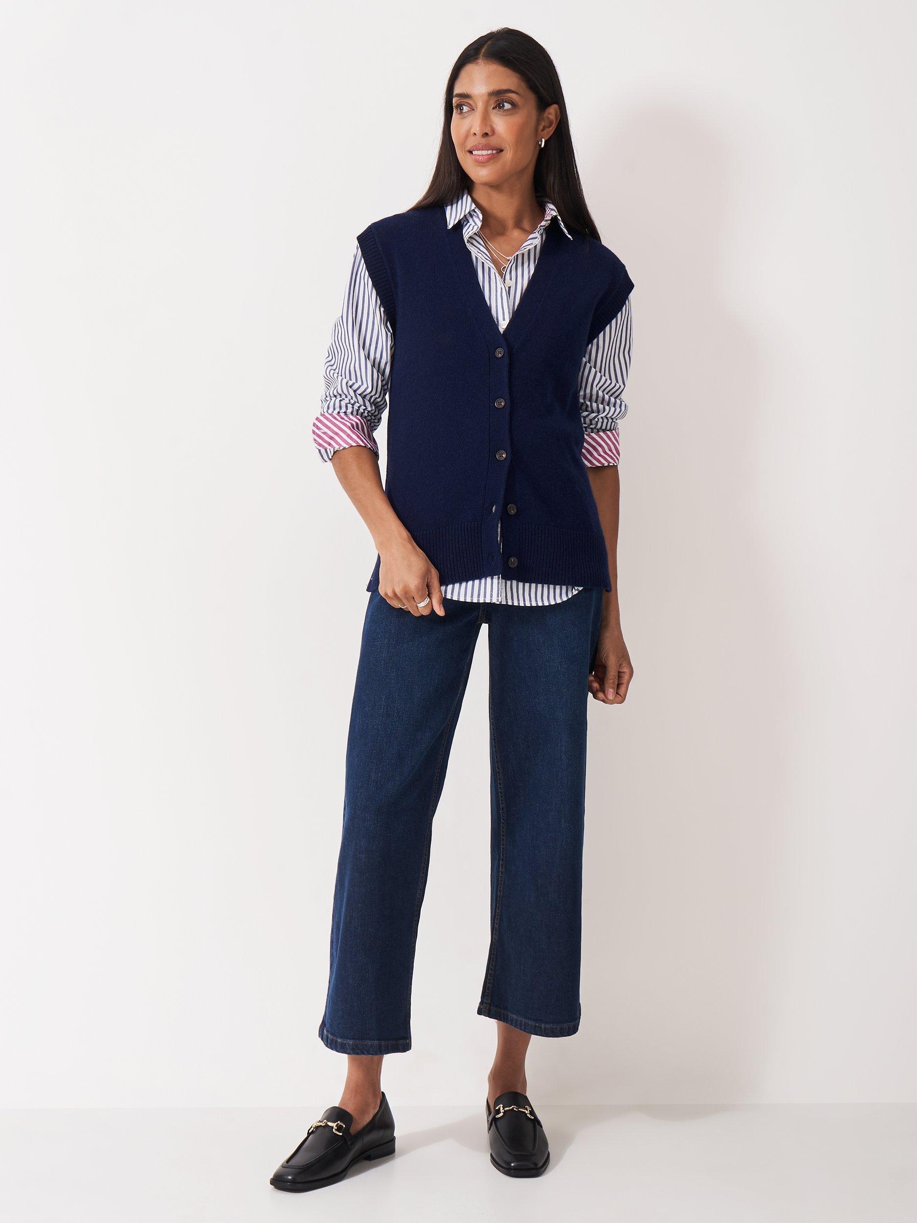 Product image 3 of 5, which shows Crew Clothing Knitted Button Vest Top, Navy Blue, 10