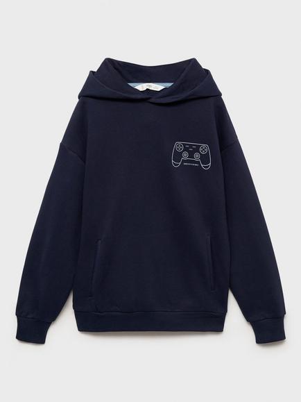 Mango Kids' Gamer Cotton Graphic Print Hoodie, Navy - view 2, Navy