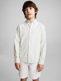 Mango Kids' Cotton Long Sleeved Striped Oxford Shirt, Green, Green