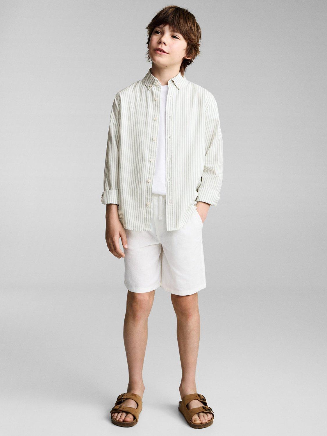 Product image 2 of 7, which shows Mango Kids' Cotton Long Sleeved Striped Oxford Shirt, Green, 7 years