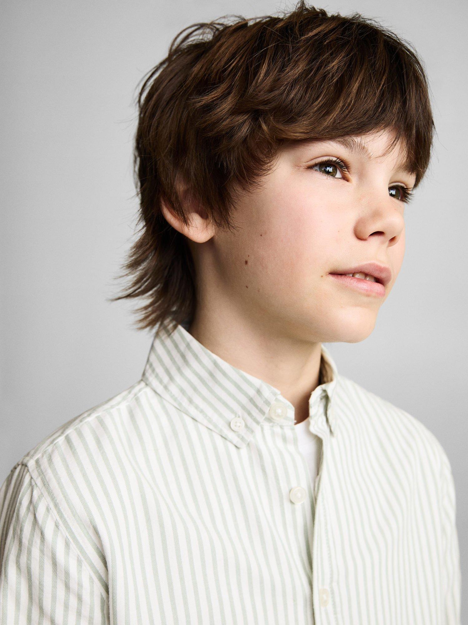 Product image 6 of 7, which shows Mango Kids' Cotton Long Sleeved Striped Oxford Shirt, Green, 7 years