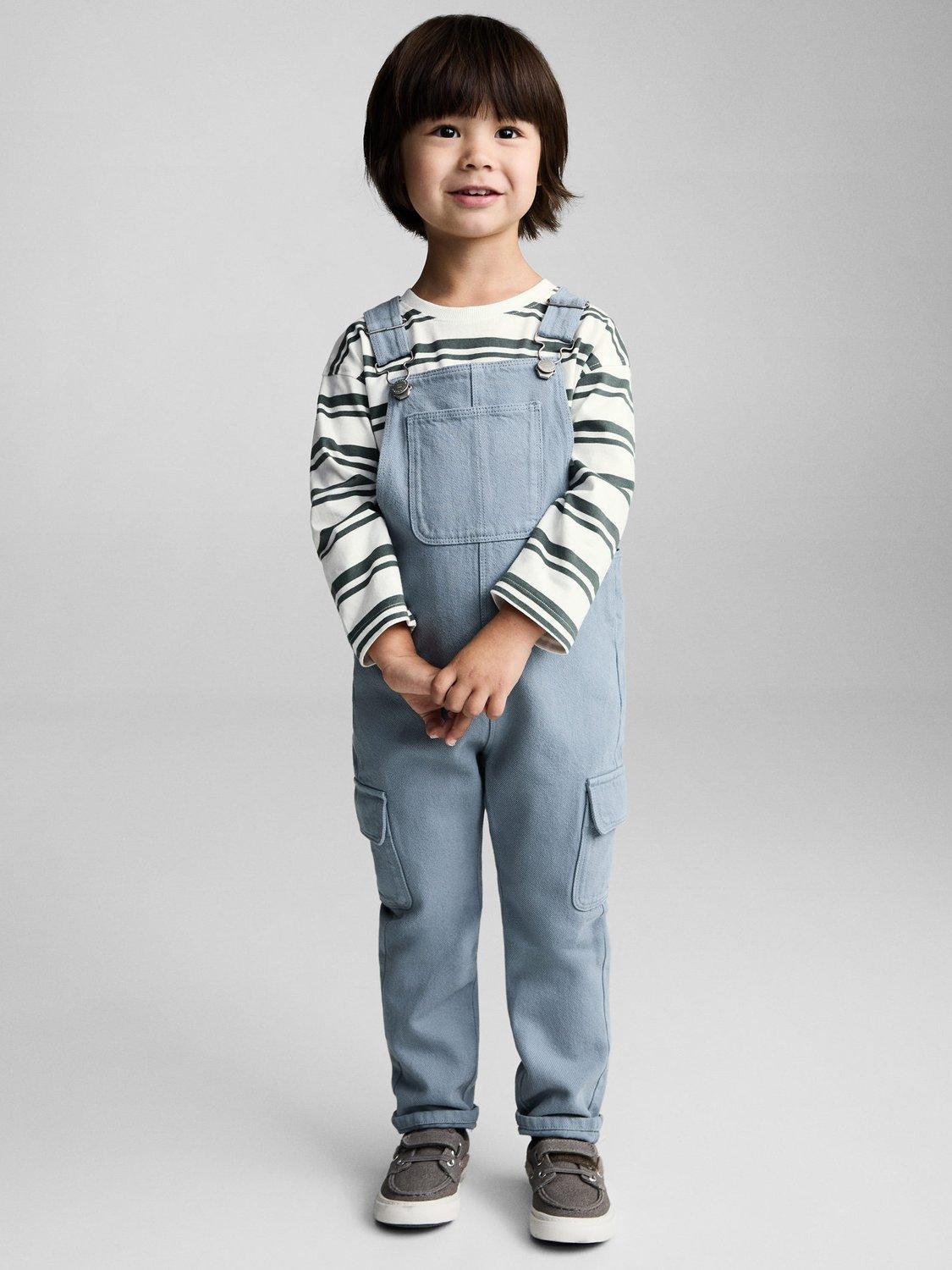 Product image 1 of 6, which shows Mango Kids' Juanito Cotton Cargo Dungarees, Medium Blue, 12-18 months