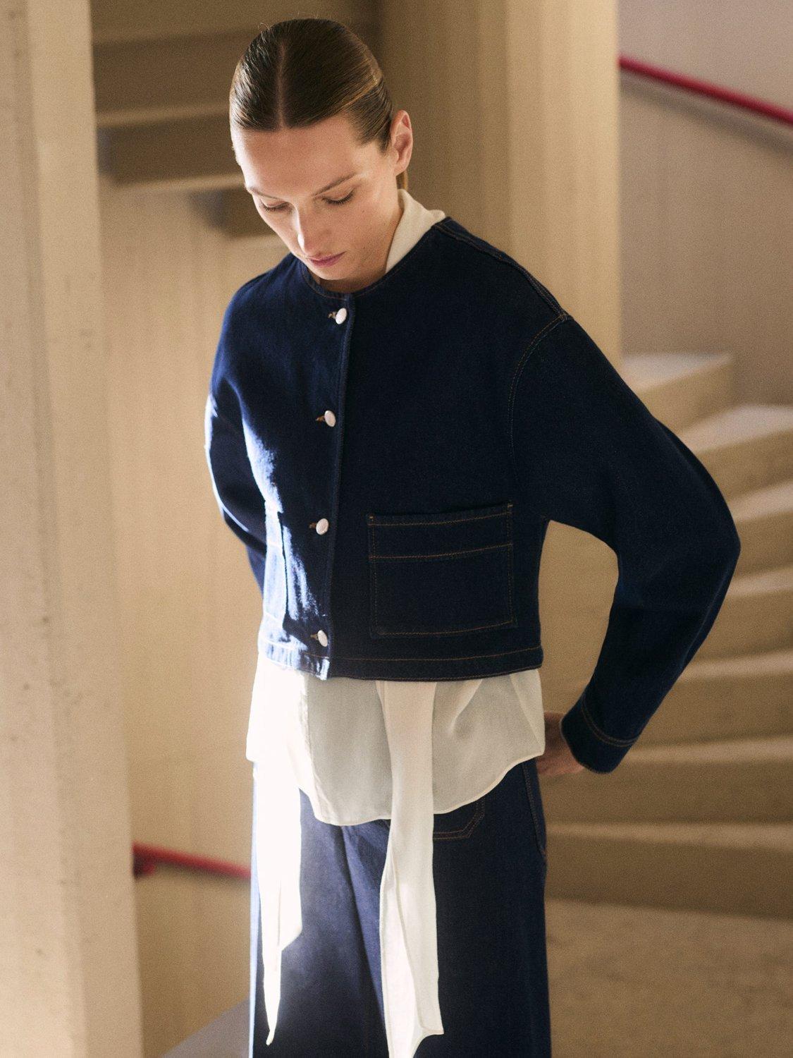 Product image 4 of 7, which shows Mango Pipa Collarless Denim Jacket, Open Blue, L