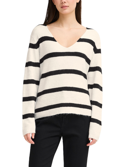 ICHI Kamara Wool Striped V-Neck Jumper, White/Meteorite