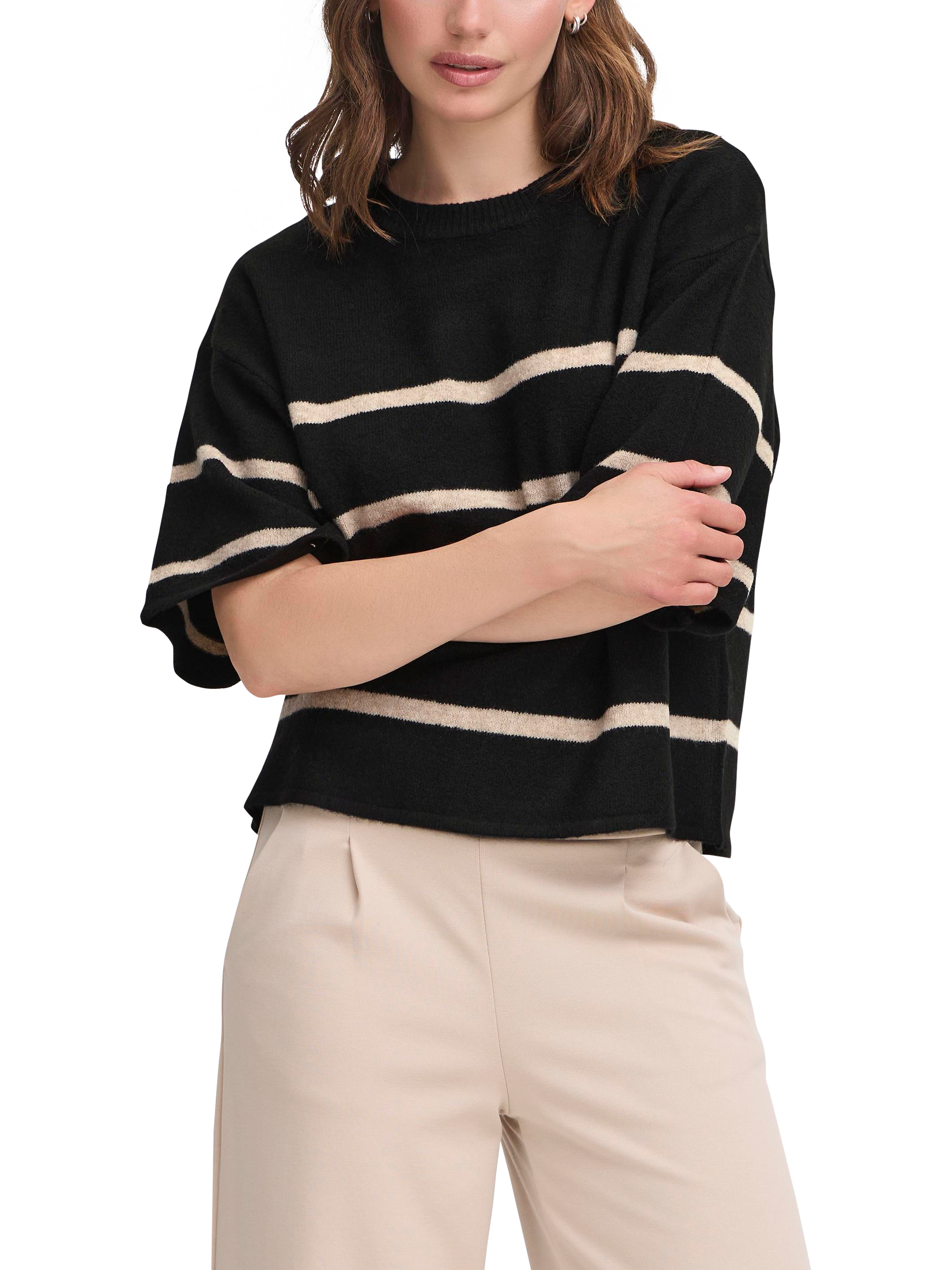 Product image 1 of 7, which shows ICHI Dasila Stripe Elbow Sleeve Jumper, Meteorite Oat, XS