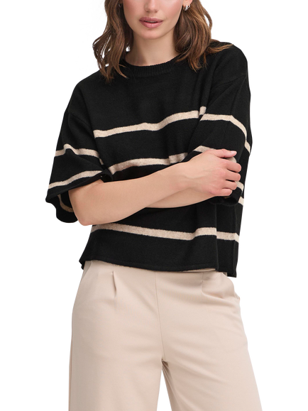 ICHI Dasila Stripe Elbow Sleeve Jumper, Meteorite Oat
