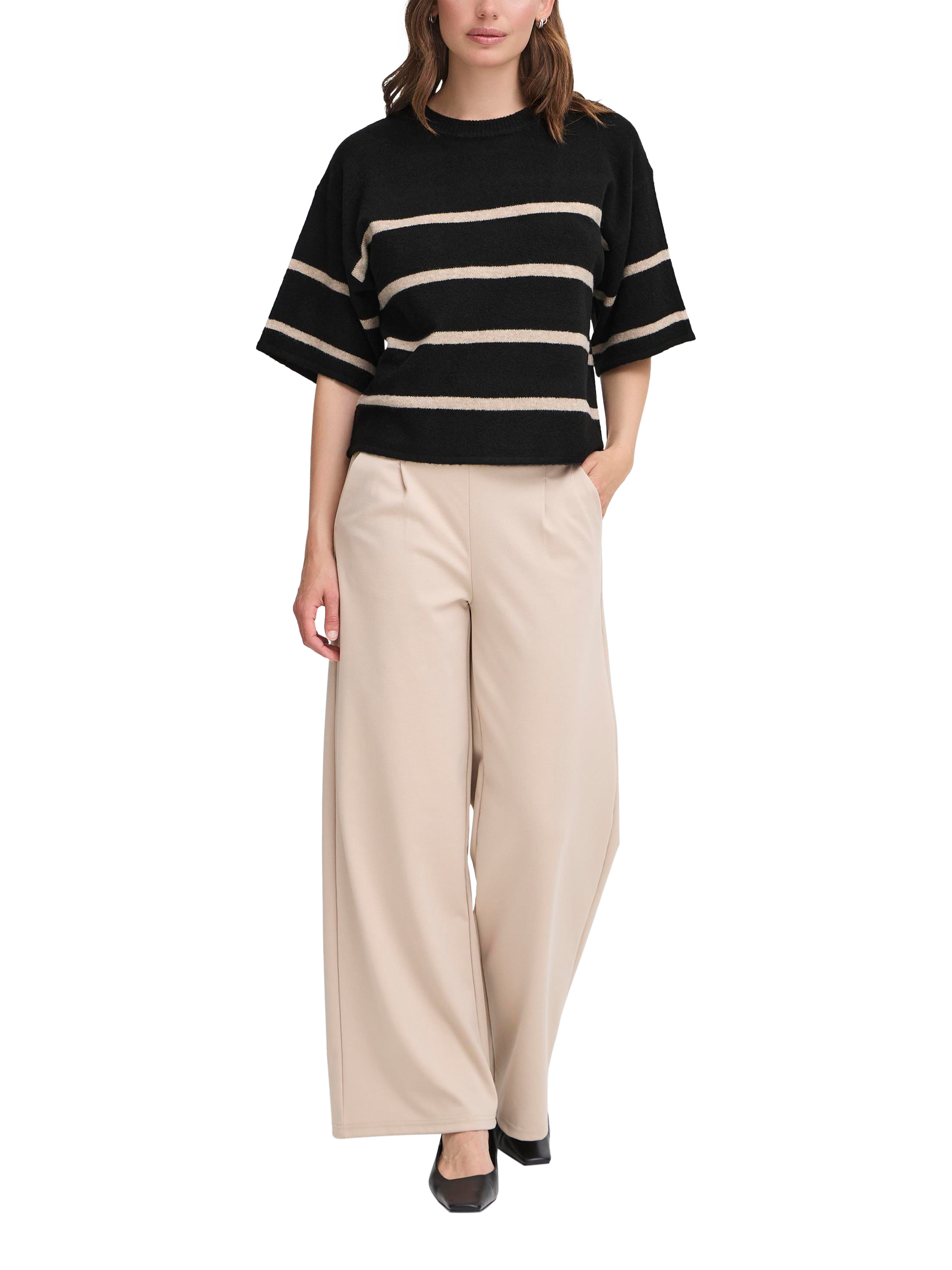 Product image 3 of 7, which shows ICHI Dasila Stripe Elbow Sleeve Jumper, Meteorite Oat, XS