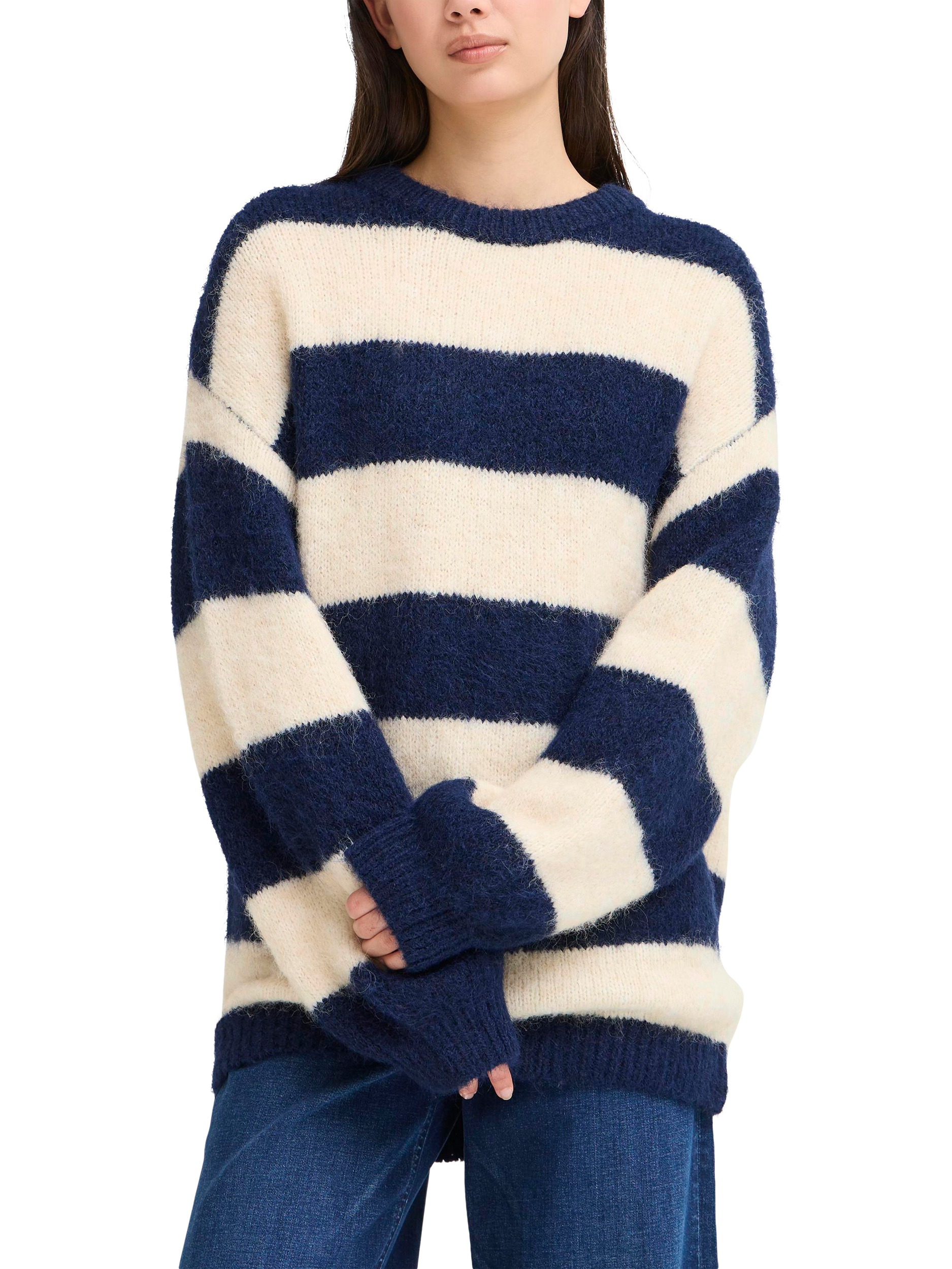 Product image 1 of 7, which shows ICHI Dayana Stripe Jumper, Patriot Blue, XS