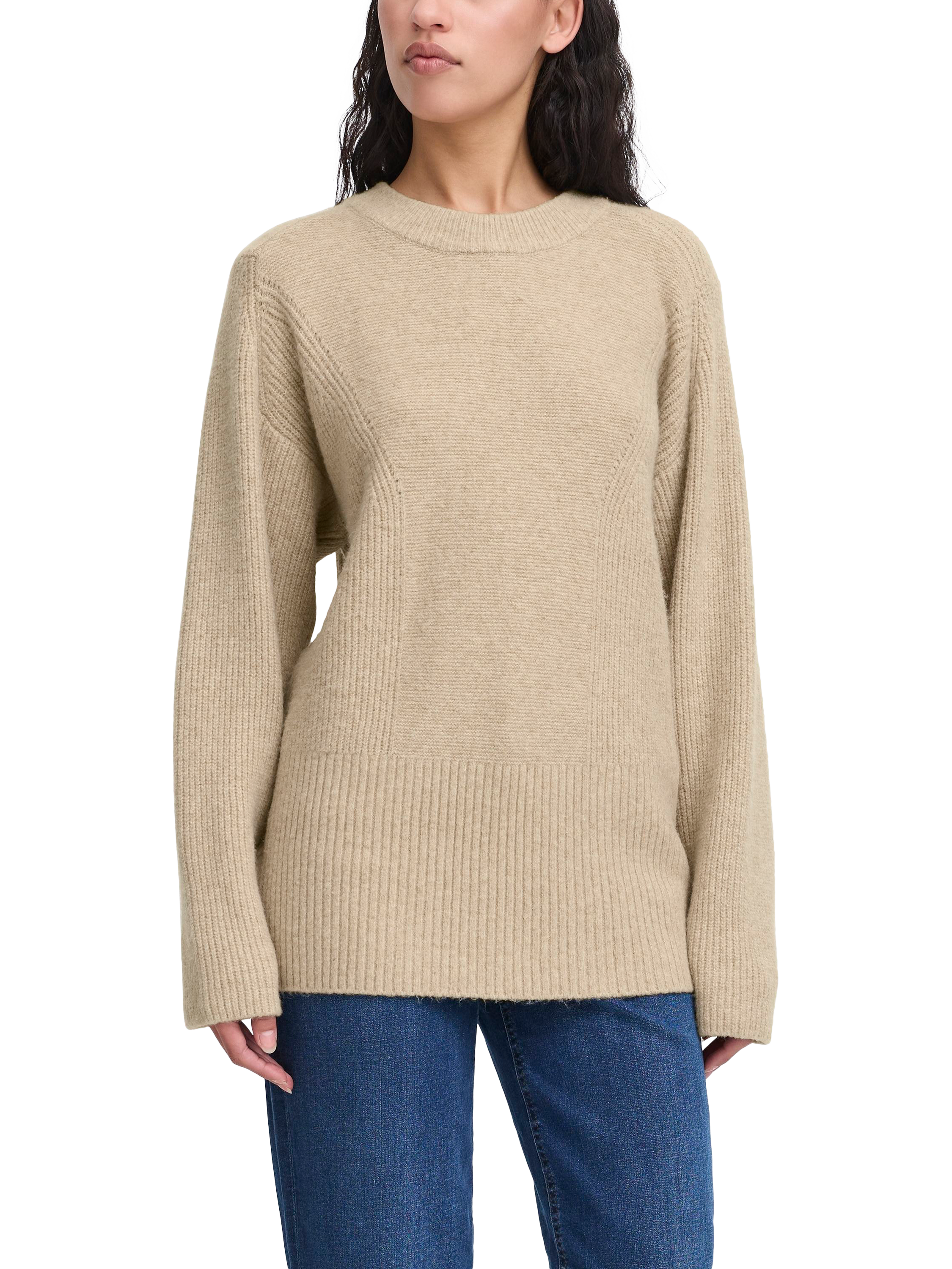 Product image 1 of 7, which shows ICHI Ducie Long Sleeve Knit Jumper, Oatmeal Melange, XS