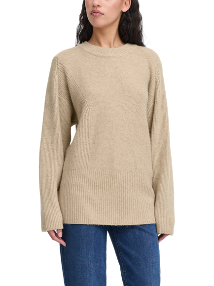 ICHI Ducie Long Sleeve Knit Jumper, Oatmeal Melange