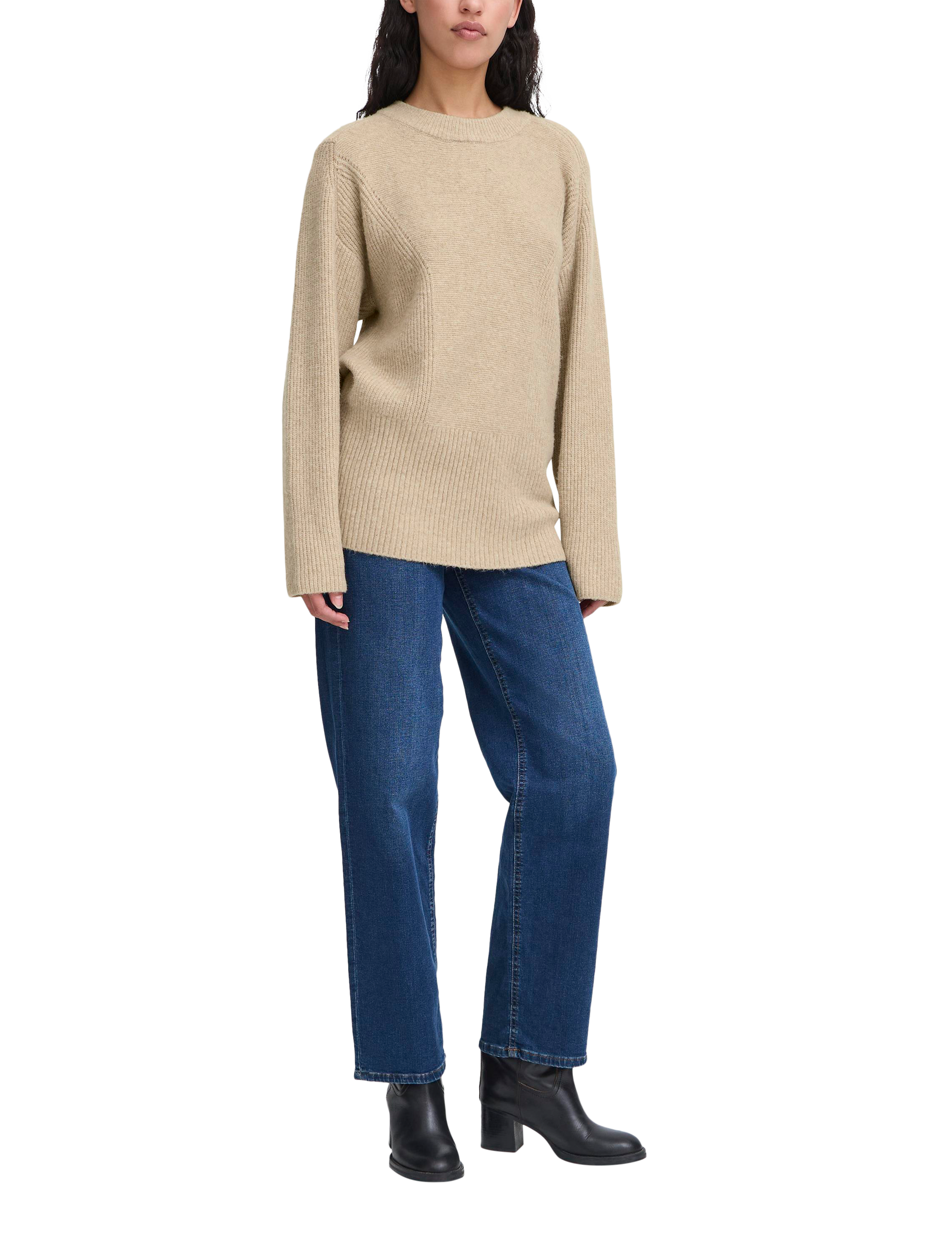 Product image 3 of 7, which shows ICHI Ducie Long Sleeve Knit Jumper, Oatmeal Melange, XS