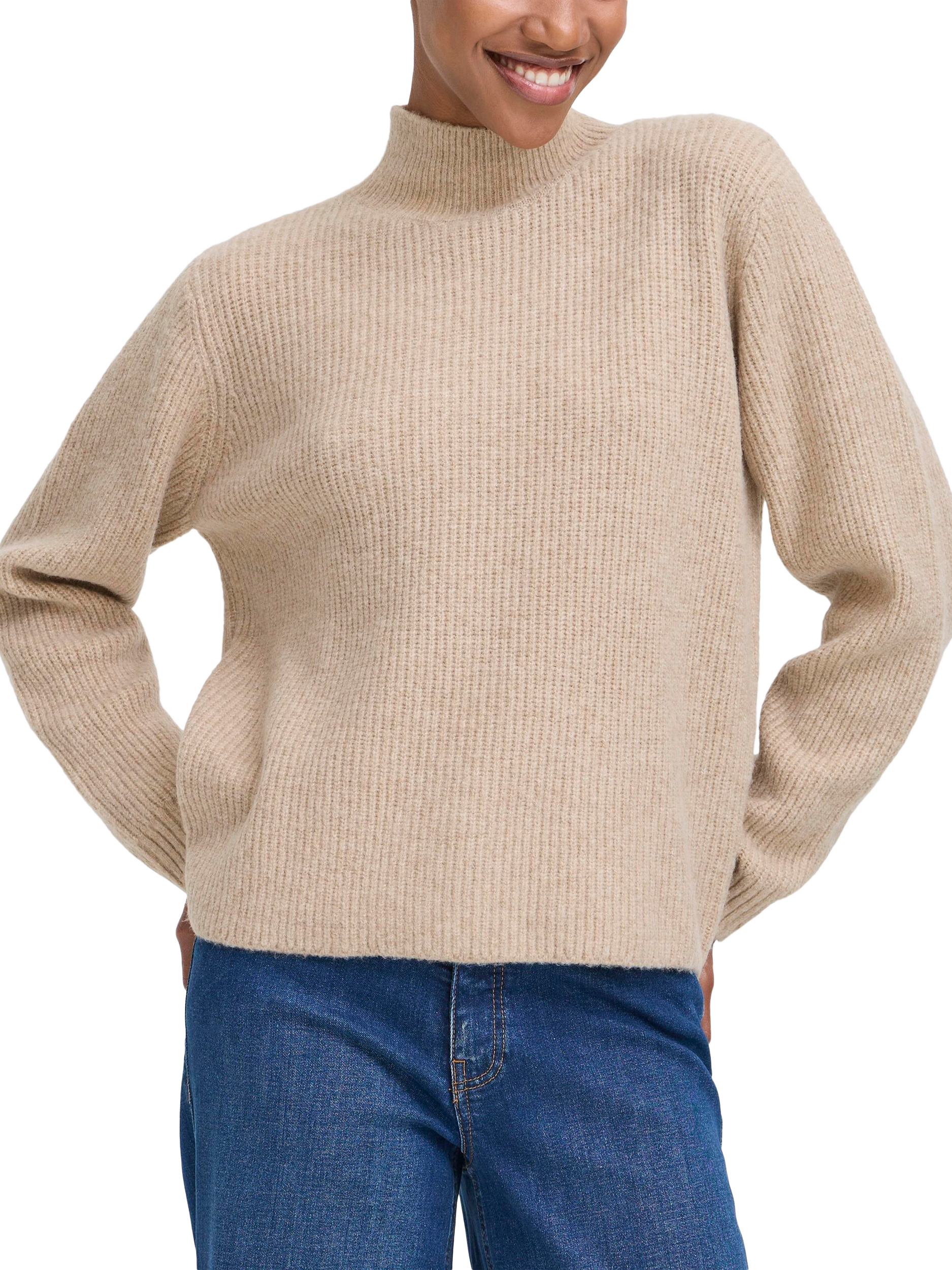 Product image 1 of 7, which shows ICHI Ducie Long Sleeve Knit Jumper, Oatmeal Melange, XS