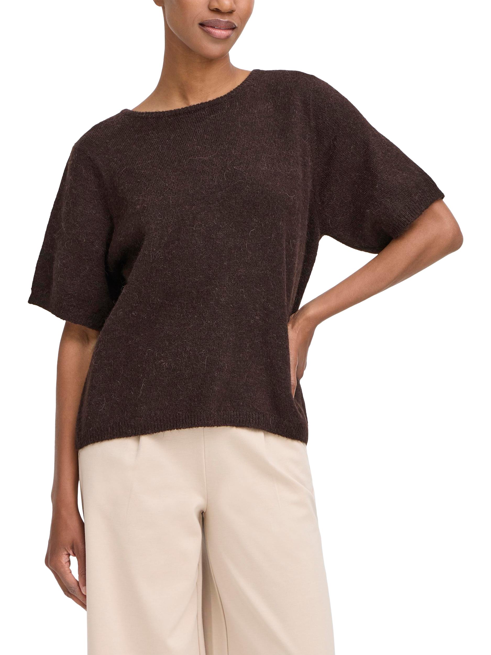 Product image 1 of 4, which shows ICHI Kamara Short Sleeve Jumper, Mid Brown, XS