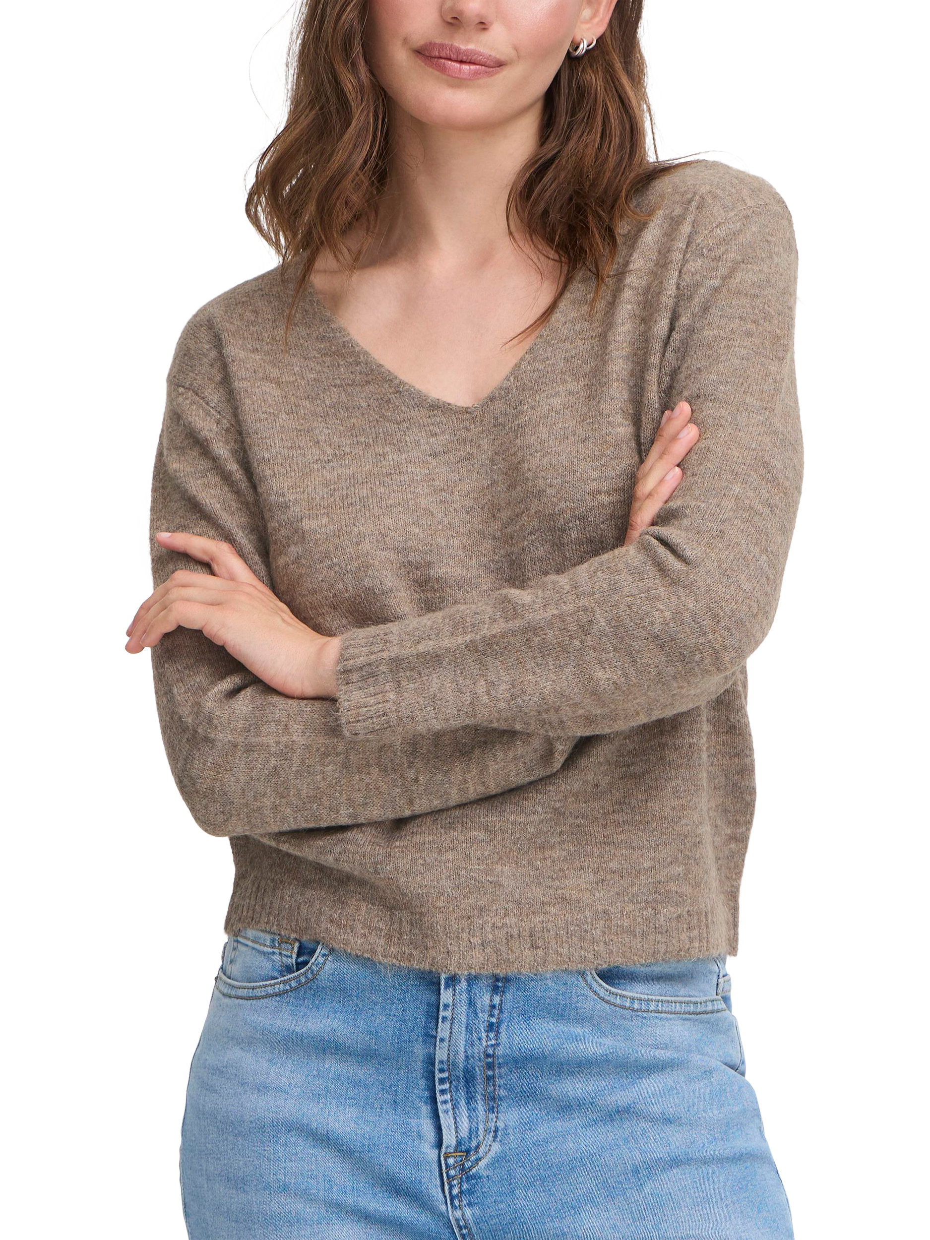 Product image 1 of 7, which shows ICHI Kamara Wool Blend Long Sleeve V-Neck Jumper, Fungi, XS