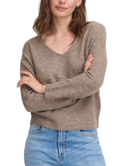 ICHI Kamara Wool Blend Long Sleeve V-Neck Jumper, Fungi