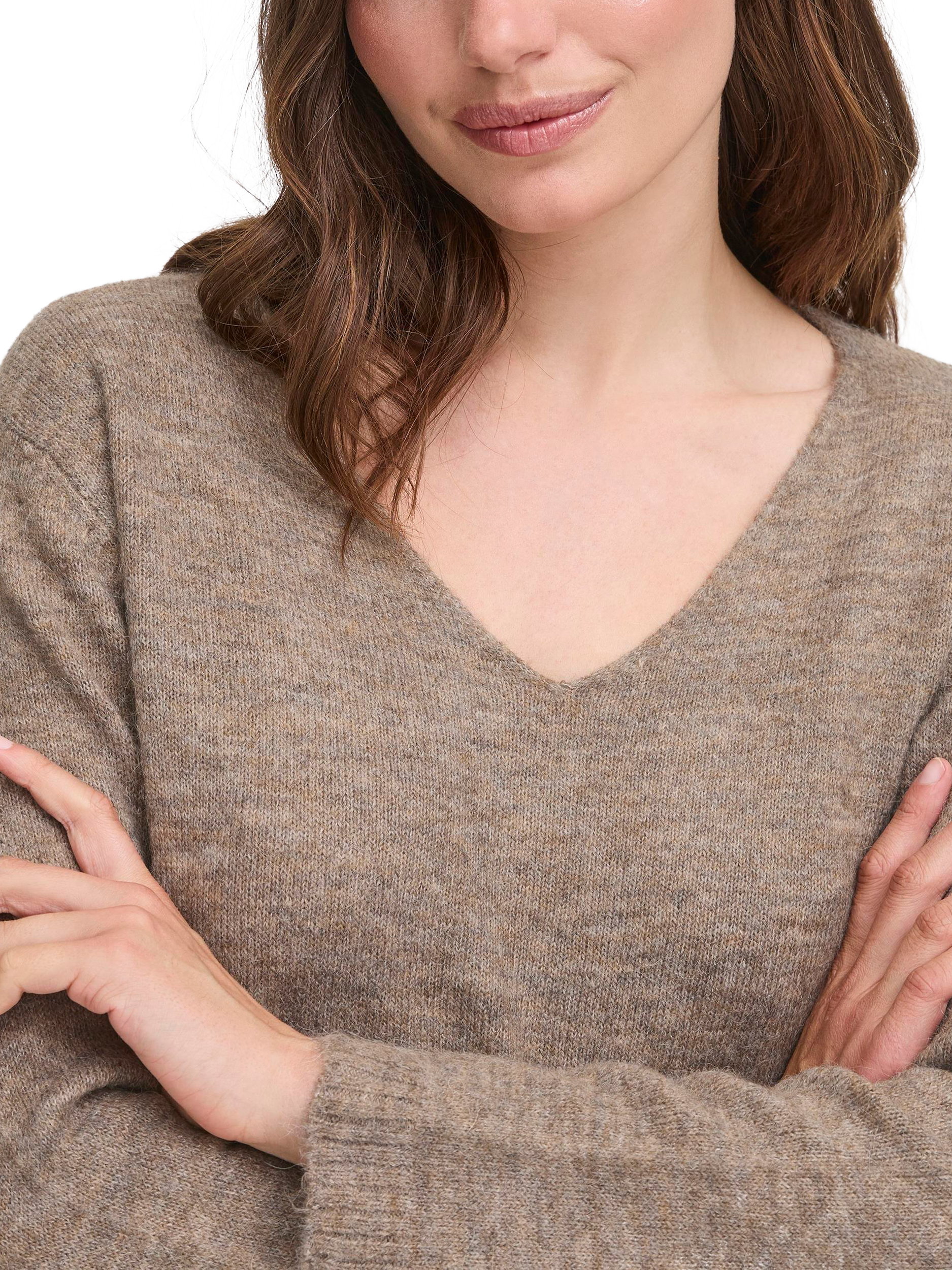 Product image 4 of 7, which shows ICHI Kamara Wool Blend Long Sleeve V-Neck Jumper, Fungi, XS