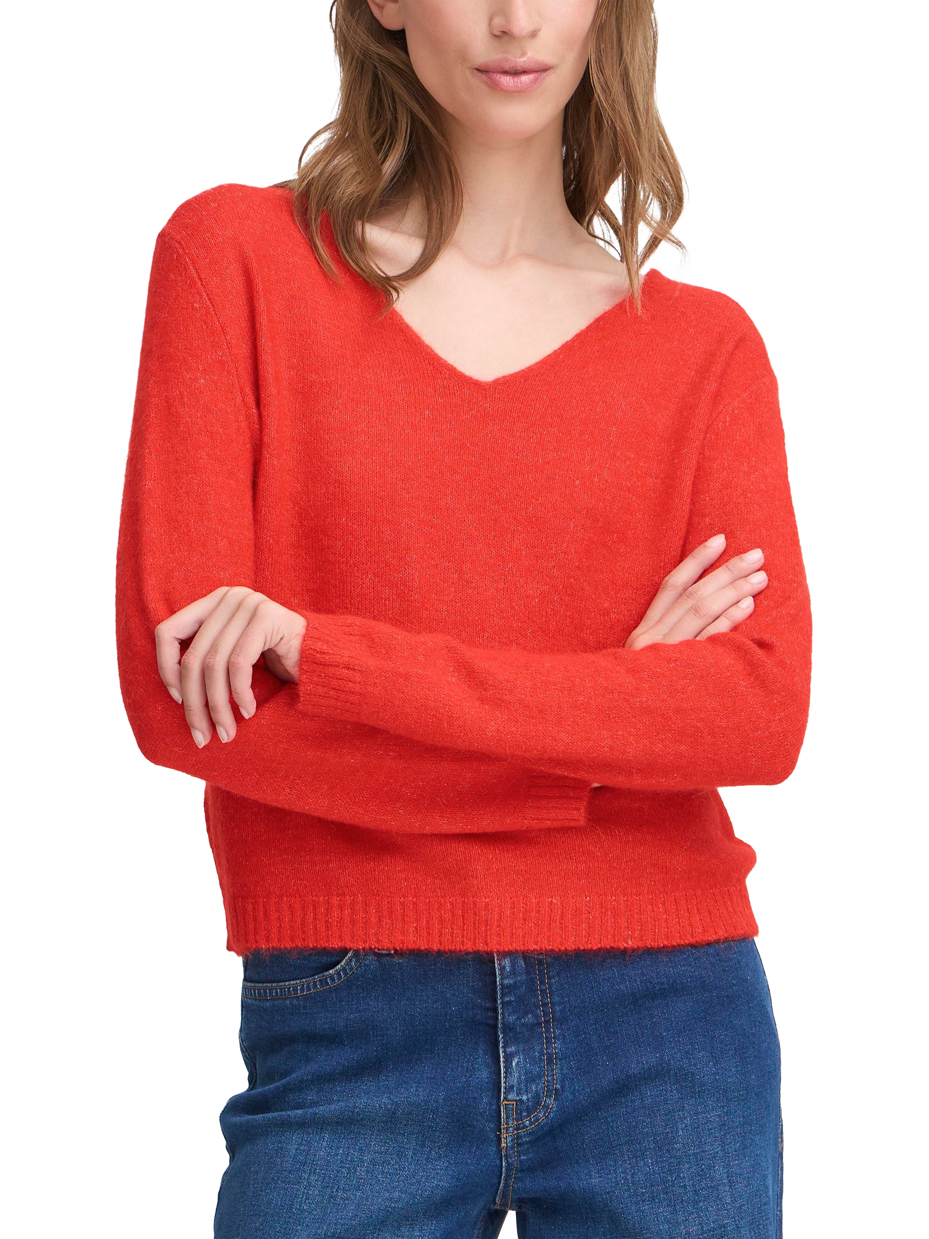 Product image 1 of 7, which shows ICHI Kamara Wool Blend Long Sleeve V-Neck Jumper, Fiery Red, XS