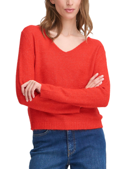 ICHI Kamara Wool Blend Long Sleeve V-Neck Jumper, Fiery Red