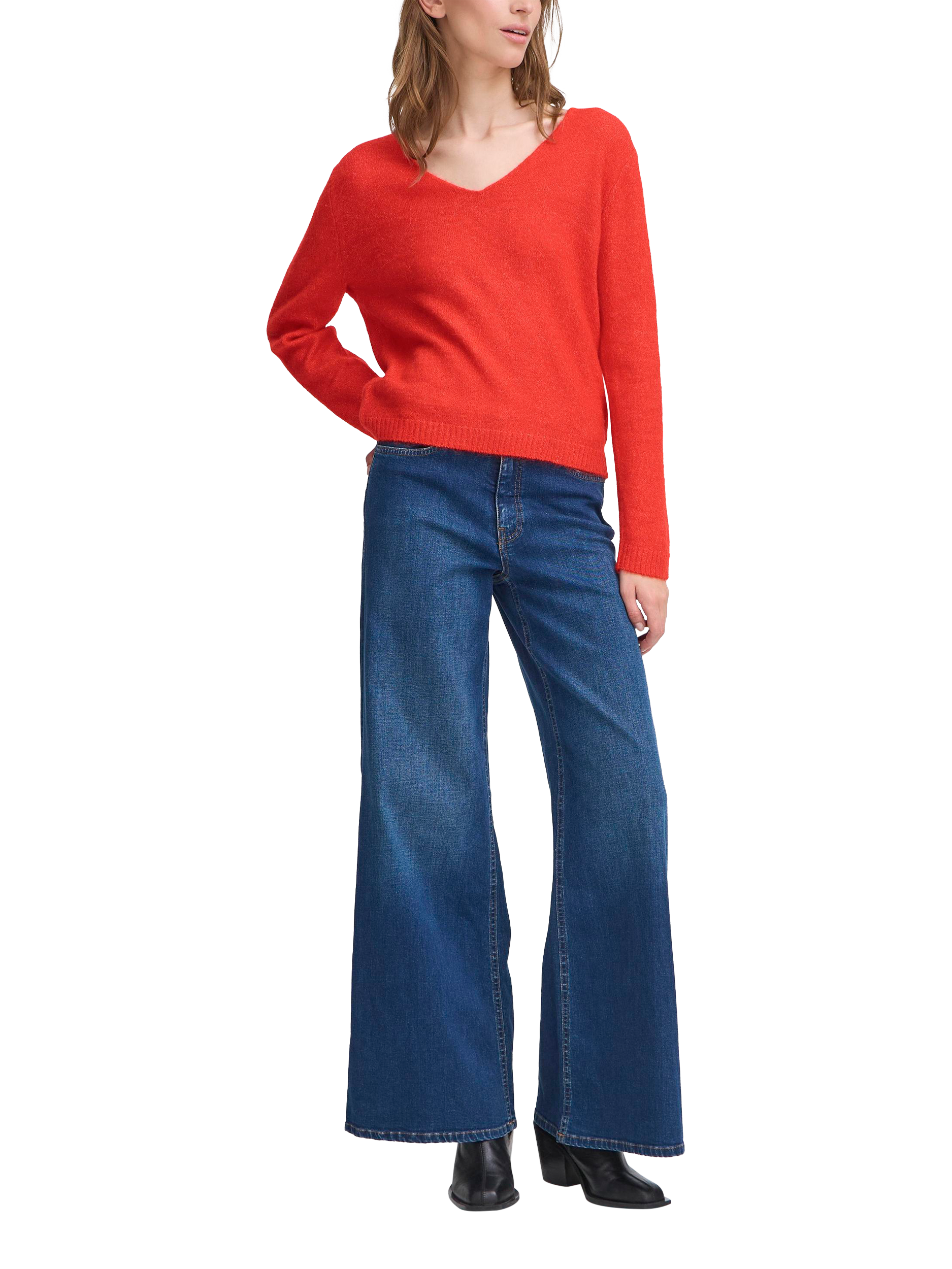 Product image 3 of 7, which shows ICHI Kamara Wool Blend Long Sleeve V-Neck Jumper, Fiery Red, XS