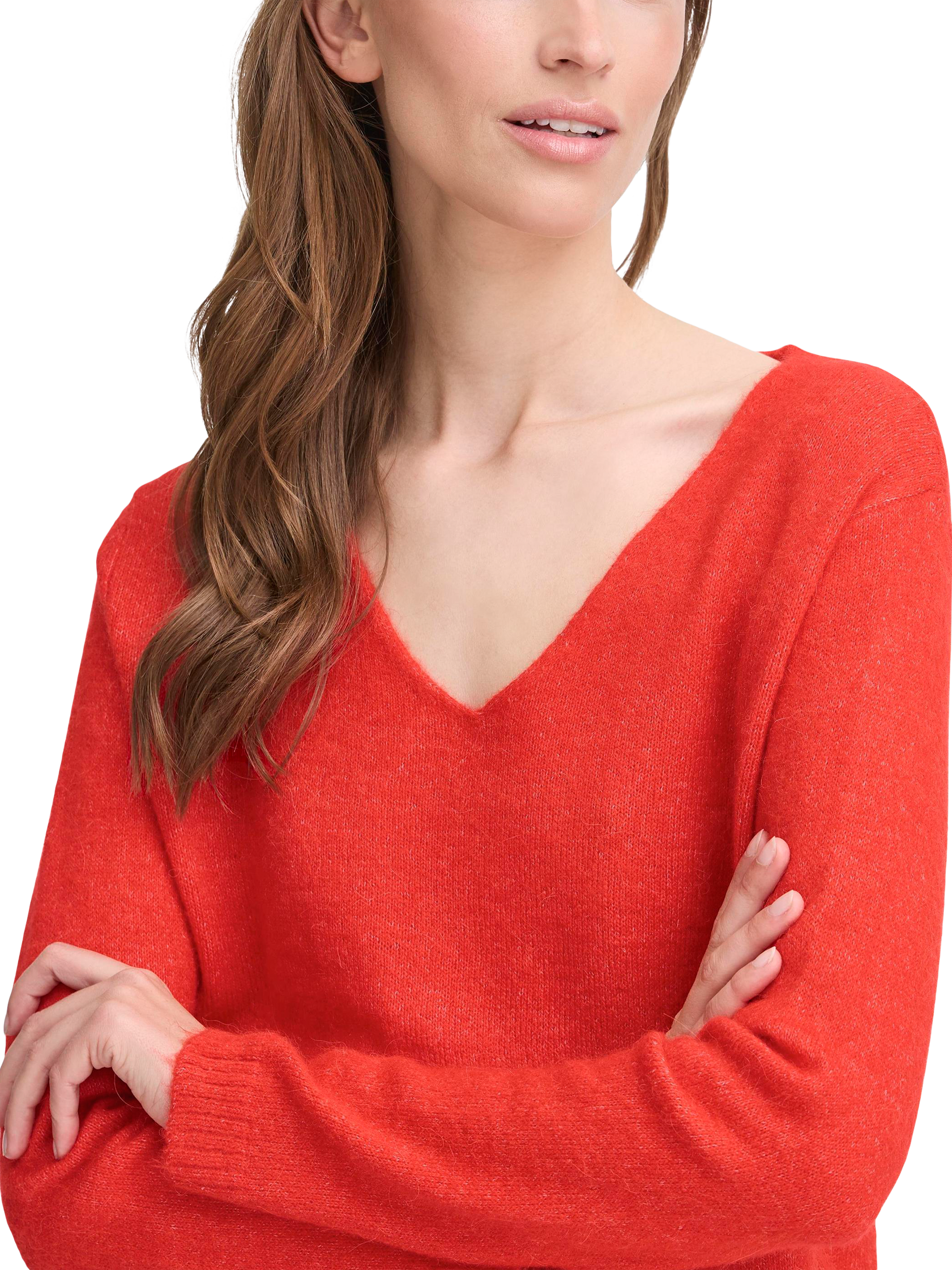 Product image 4 of 7, which shows ICHI Kamara Wool Blend Long Sleeve V-Neck Jumper, Fiery Red, XS