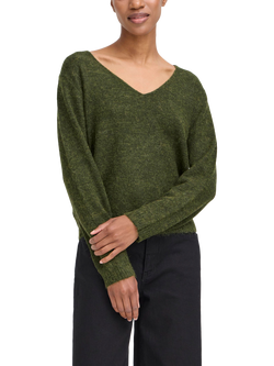 ICHI Kamara Wool Blend Long Sleeve V-Neck Jumper, Rifle Green