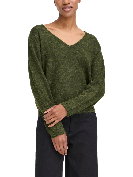 ICHI Kamara Wool Blend Long Sleeve V-Neck Jumper, Rifle Green