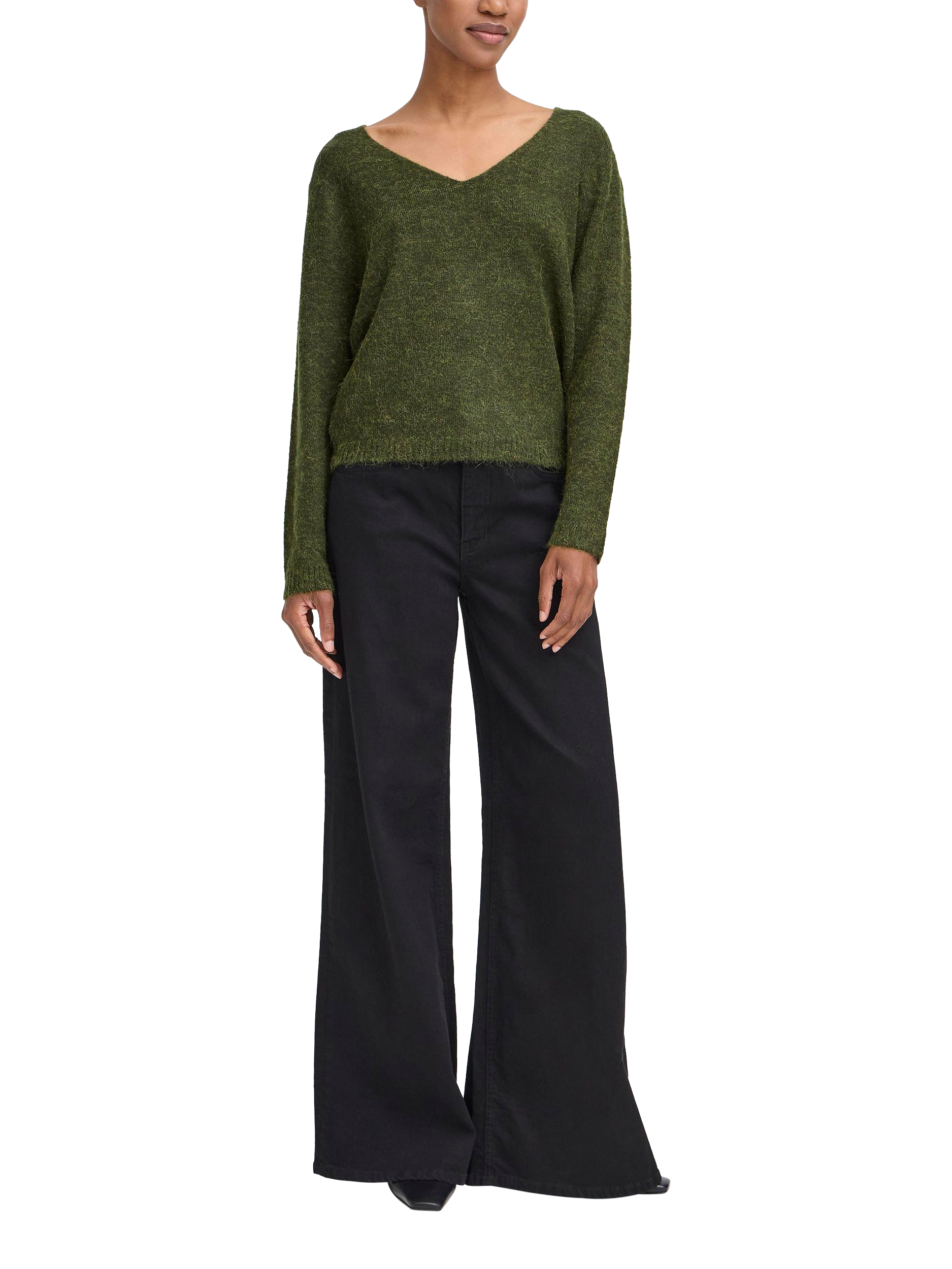 Product image 3 of 7, which shows ICHI Kamara Wool Blend Long Sleeve V-Neck Jumper, Rifle Green, XS