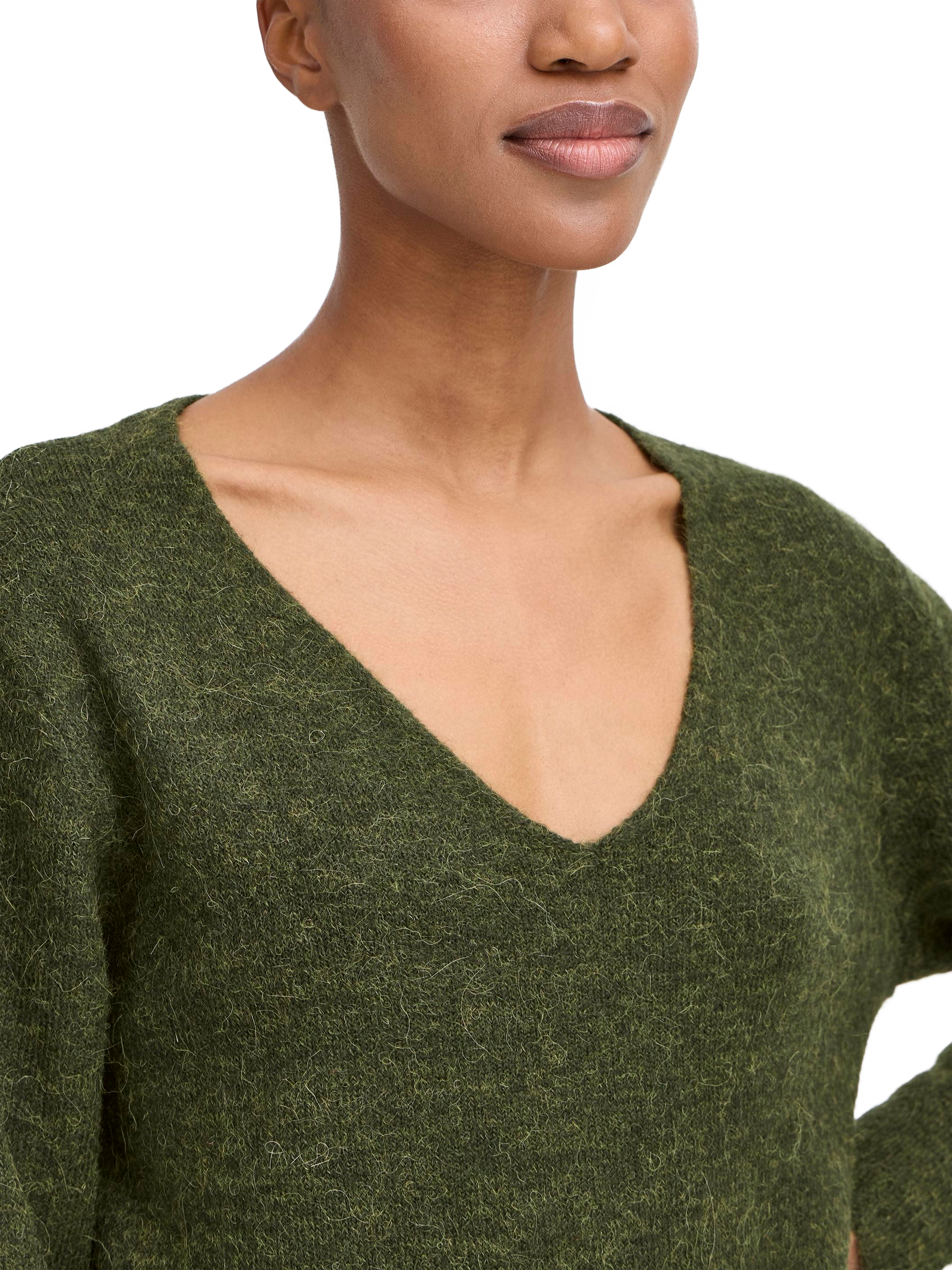 Product image 4 of 7, which shows ICHI Kamara Wool Blend Long Sleeve V-Neck Jumper, Rifle Green, XS