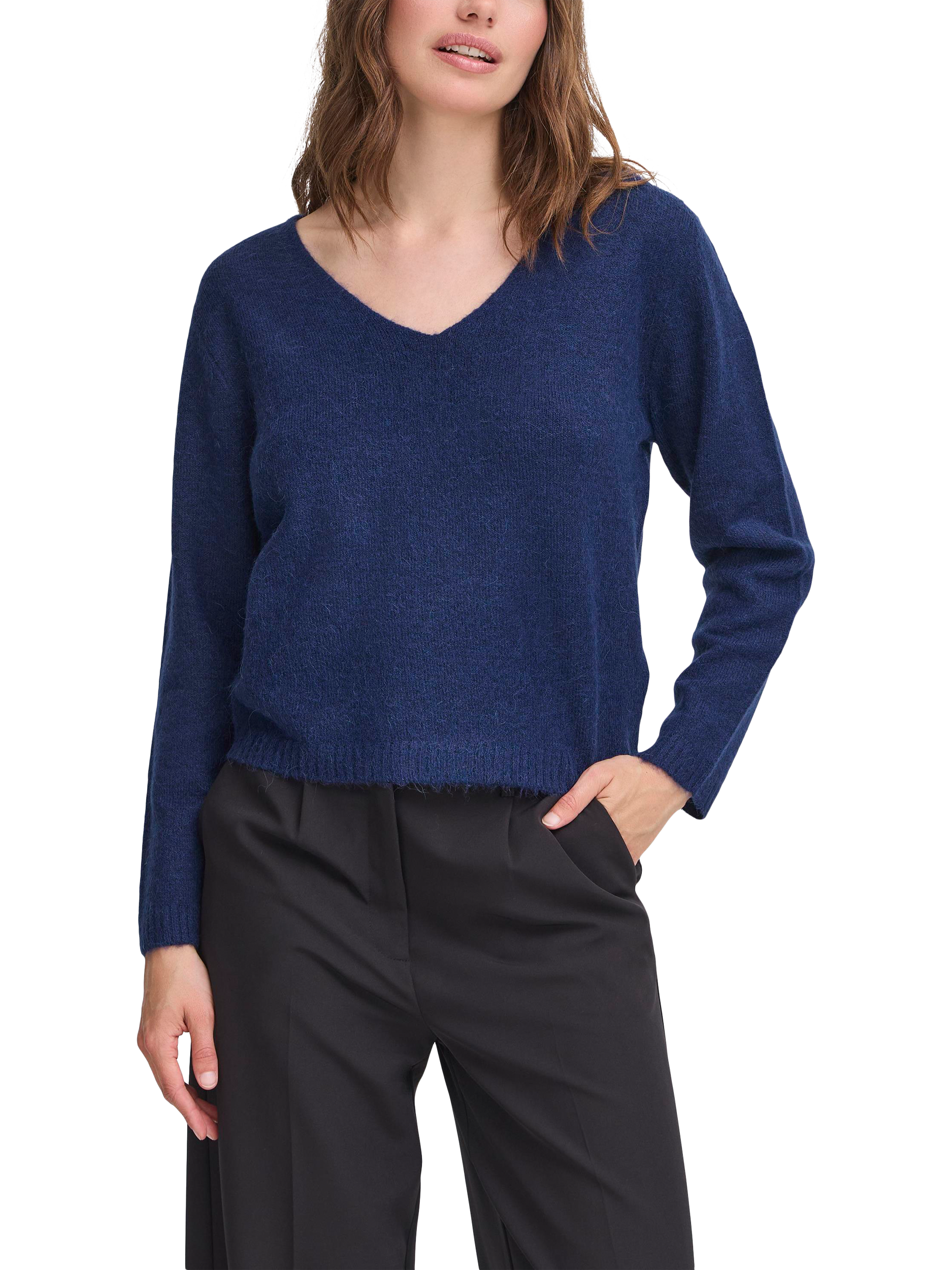 Product image 1 of 7, which shows ICHI Kamara Wool Blend Long Sleeve V-Neck Jumper, Patriot Blue, XS