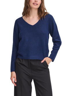 ICHI Kamara Wool Blend Long Sleeve V-Neck Jumper, Patriot Blue