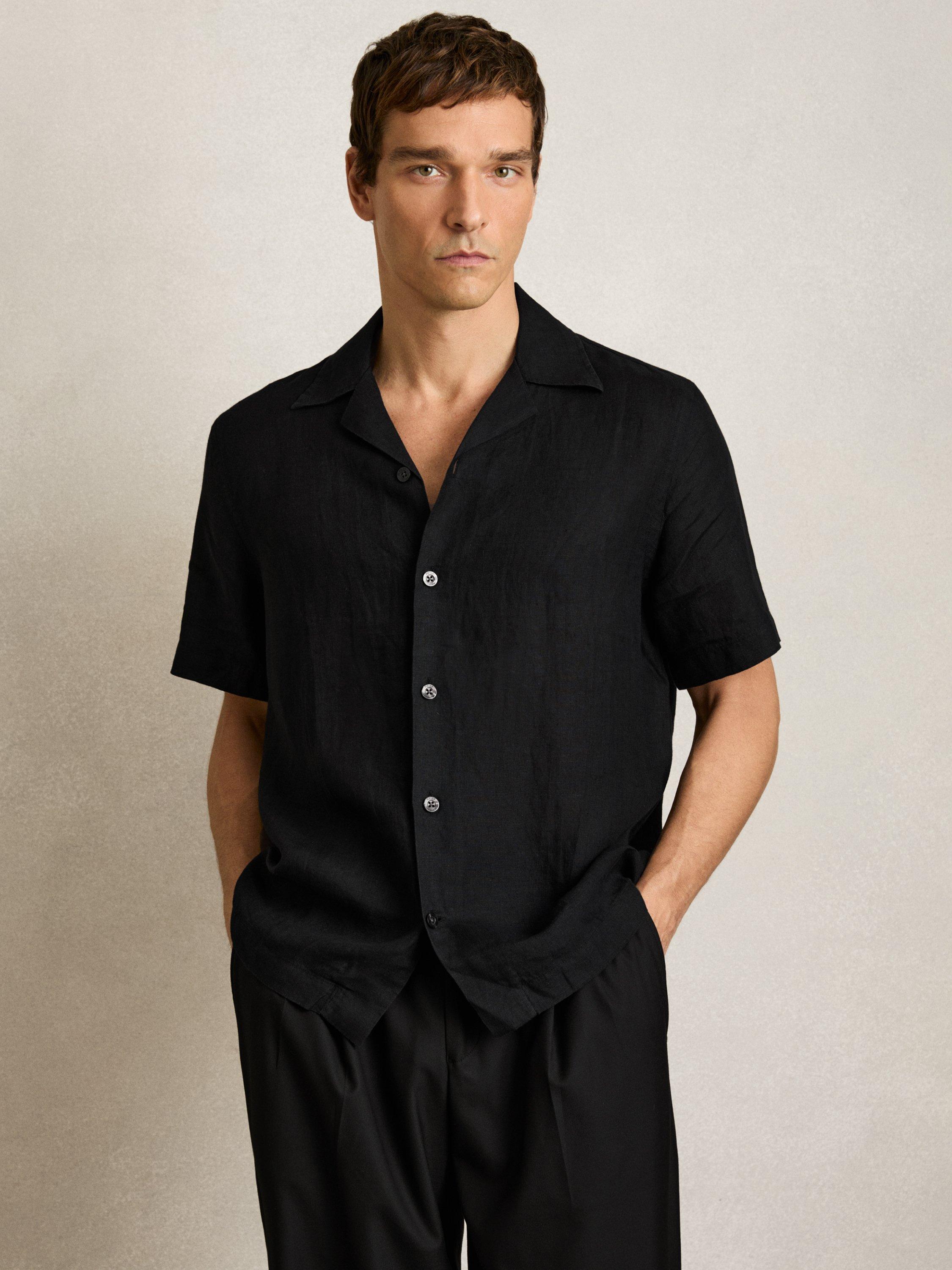 Product image 1 of 5, which shows Reiss Beldi Button Down Short Sleeve Linen Shirt, Black, XS
