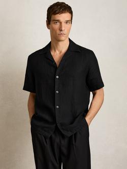 Reiss Beldi Button Down Short Sleeve Linen Shirt, Black