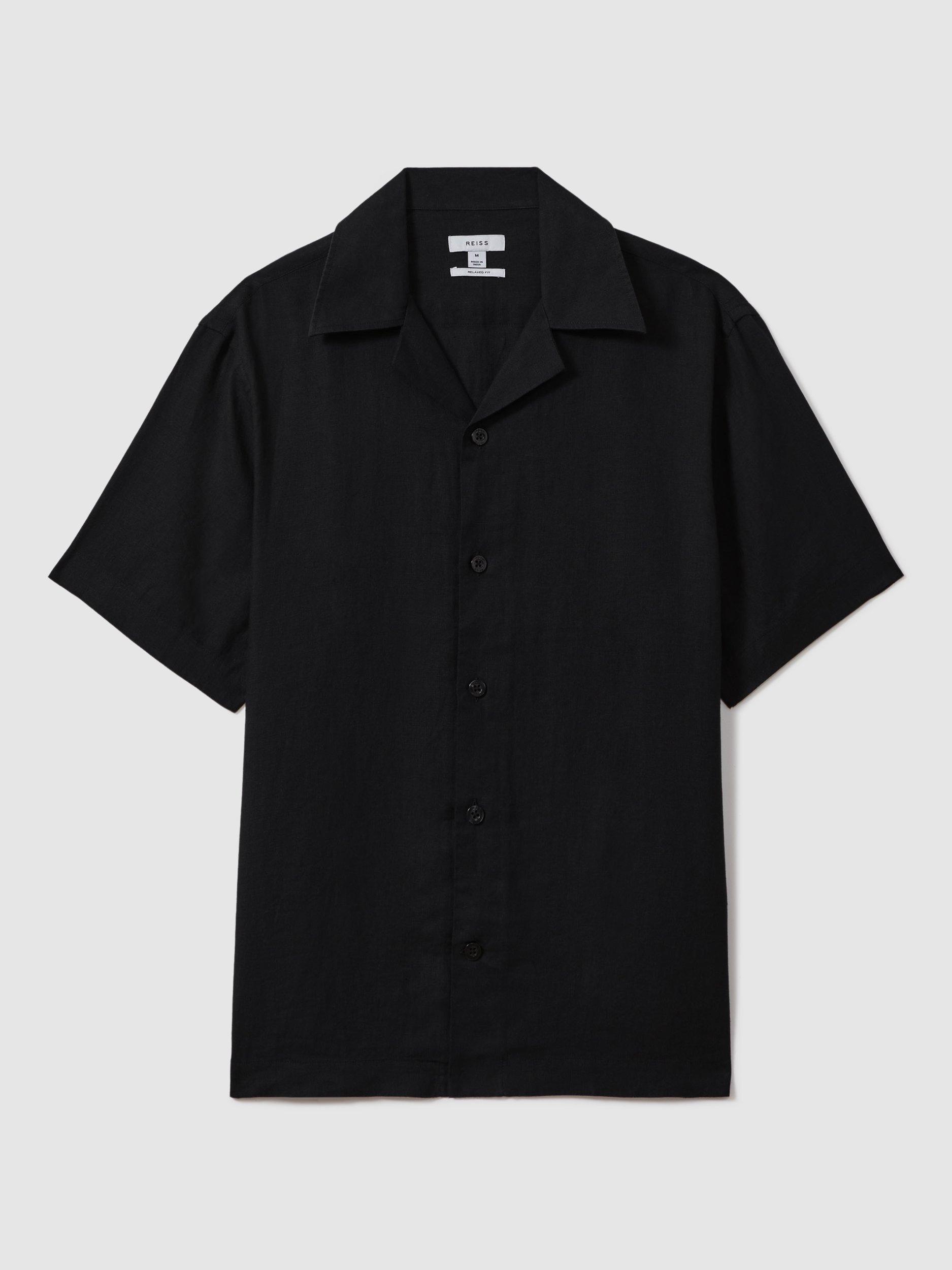 Product image 3 of 5, which shows Reiss Beldi Button Down Short Sleeve Linen Shirt, Black, XS