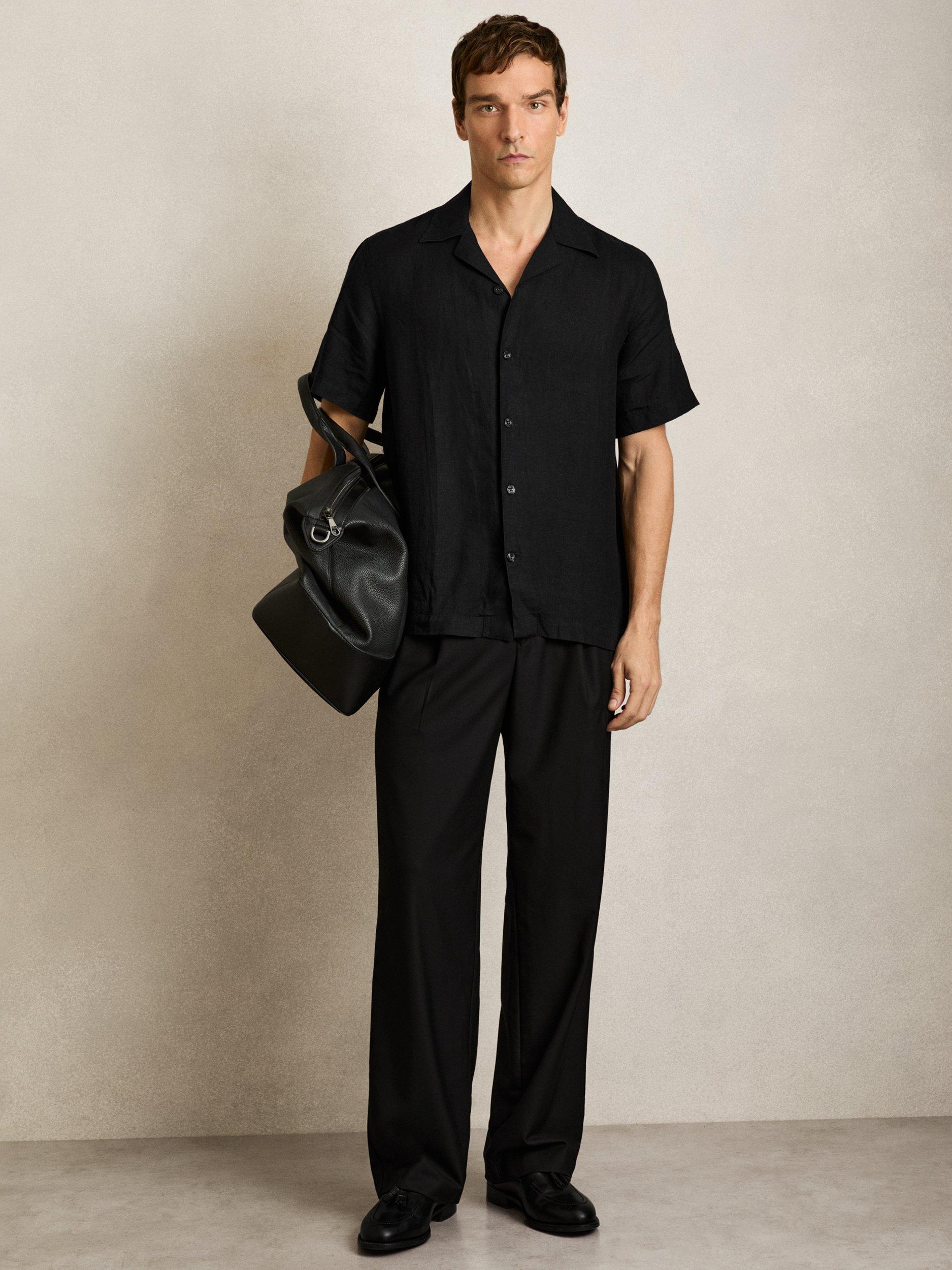 Product image 4 of 5, which shows Reiss Beldi Button Down Short Sleeve Linen Shirt, Black, XS