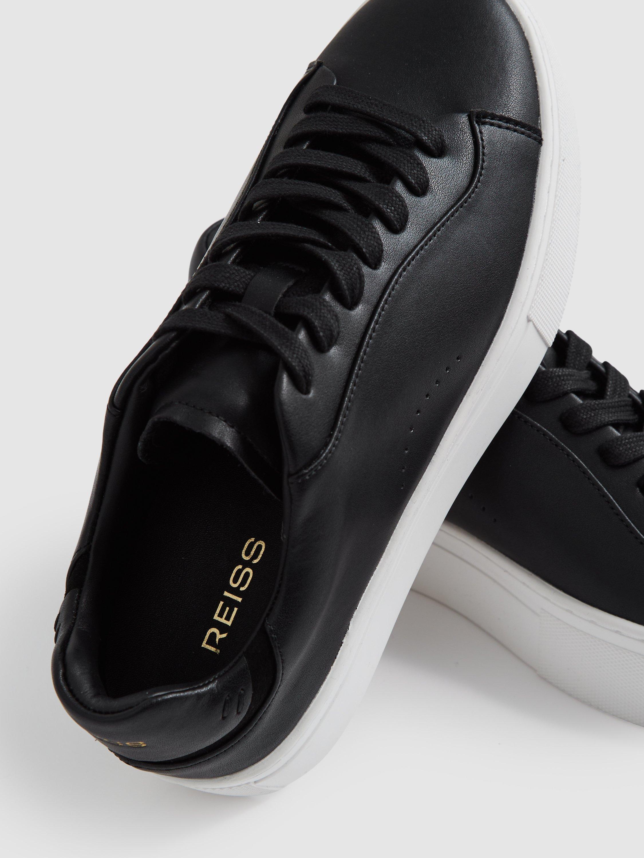 Product image 2 of 5, which shows Reiss Francesca Leather Low-Top Trainers, Black, 3